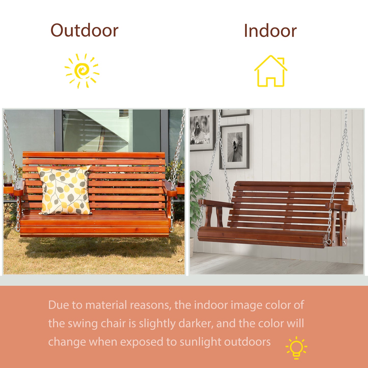 Wooden Patio Swing Chair 2 Seater Porch Swing with Cup Holder Chains Outdoor Bench for Garden Yard Brown Kids Crystal