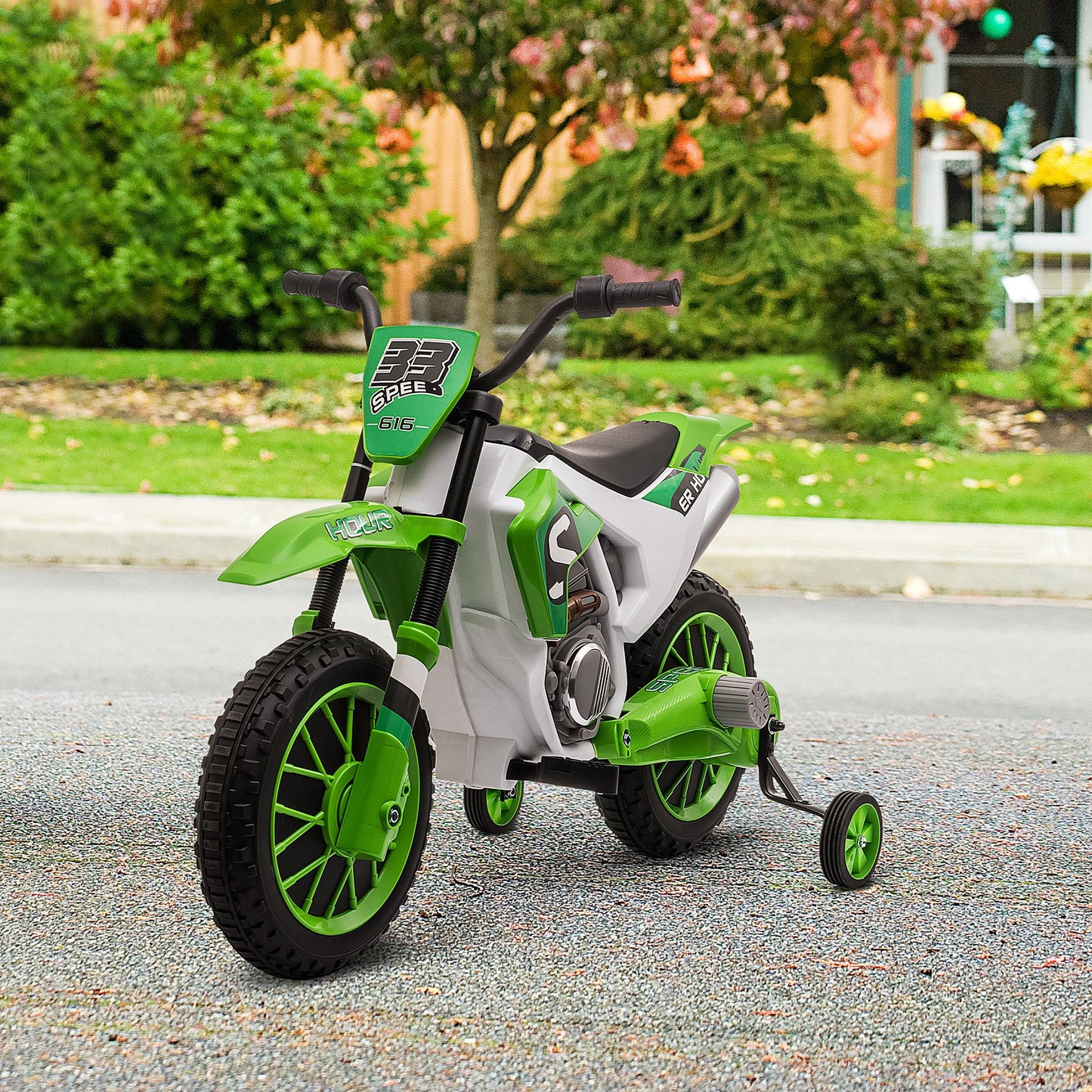 Kids Dirt Bike Battery-Powered Ride-On Electric Motorcycle with Charging 12V Battery, Training Wheels Green Kids Crystal