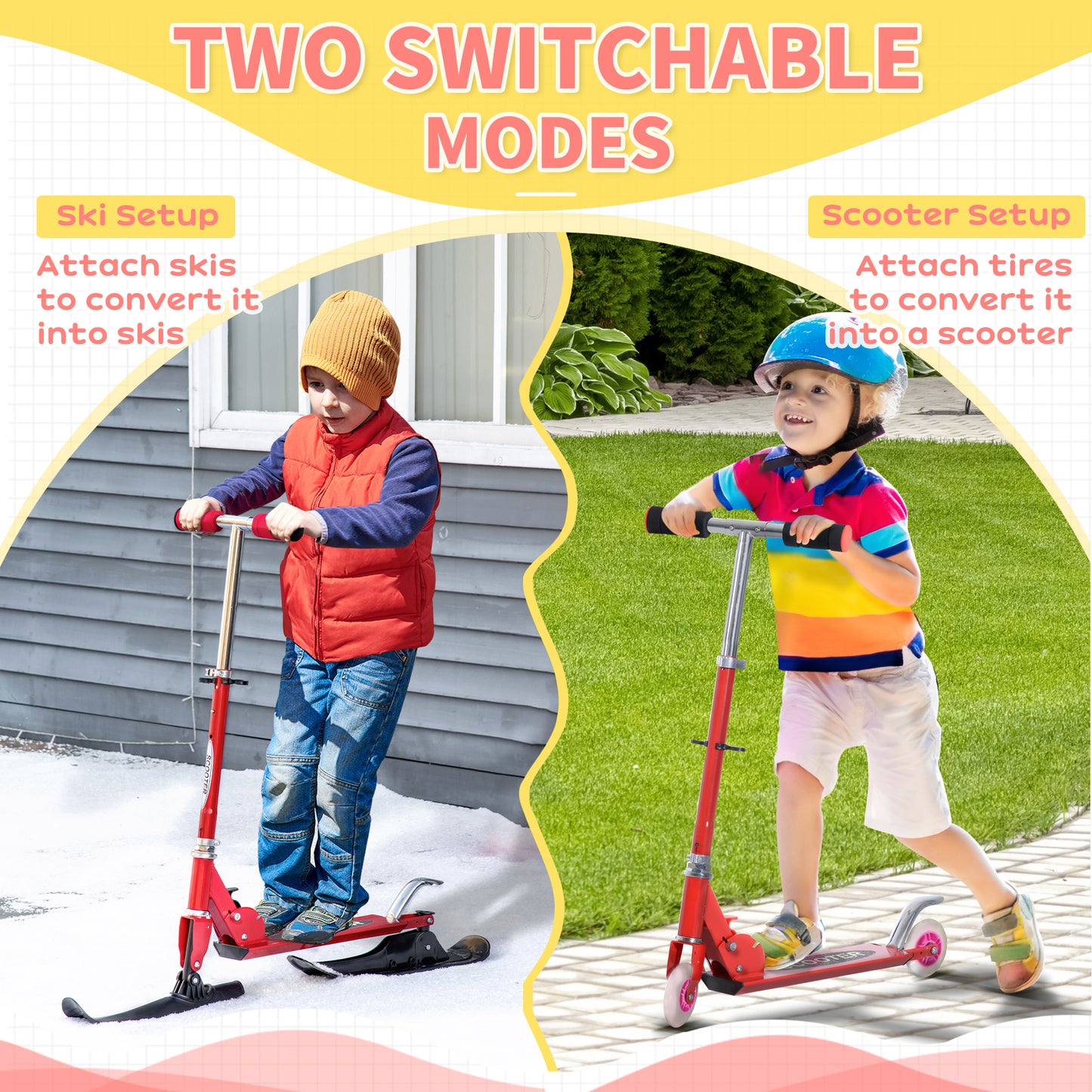 2-in-1 Red Scooter for All Seasons - Convertible Street & Snow Scooter with Wheels & Blades Kids Crystal
