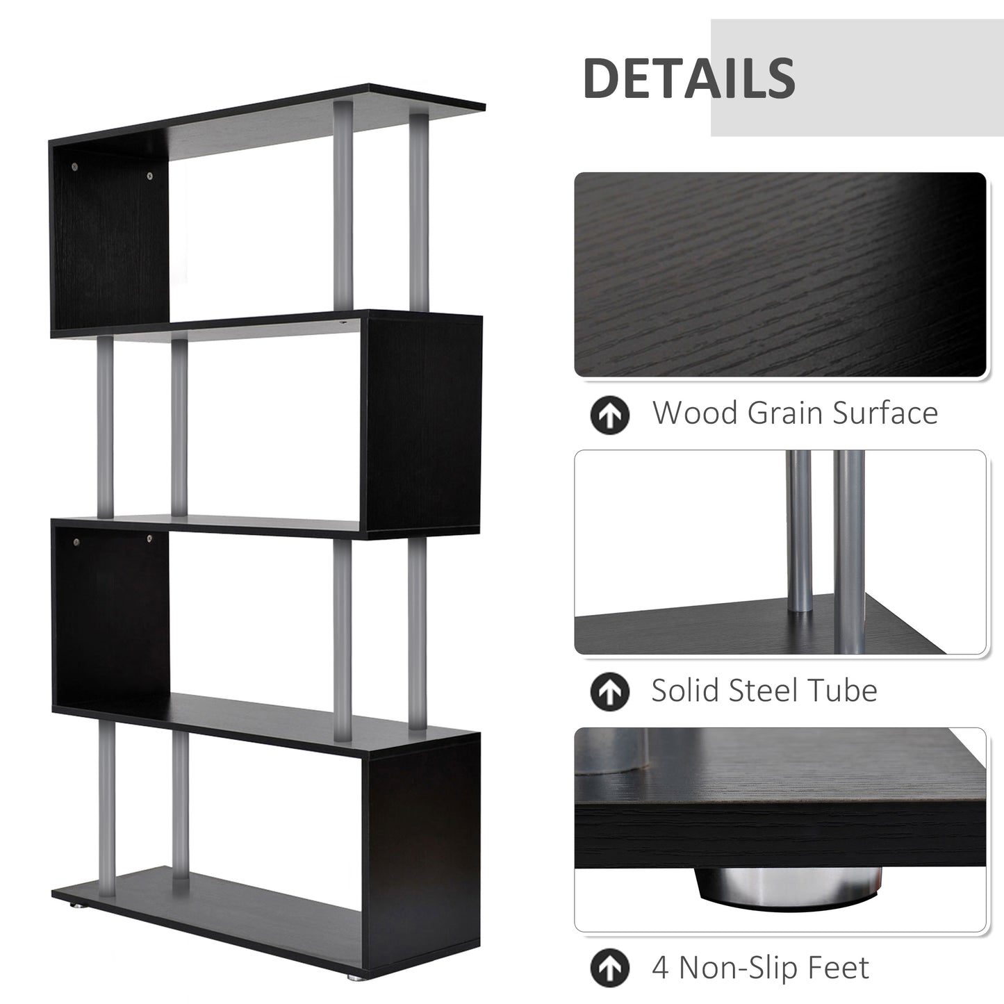 5-Tier Z-Shape Bookcase: Wooden Shelves with Steel Frame for Living Room, Bedroom, Office, Black Kids Crystal