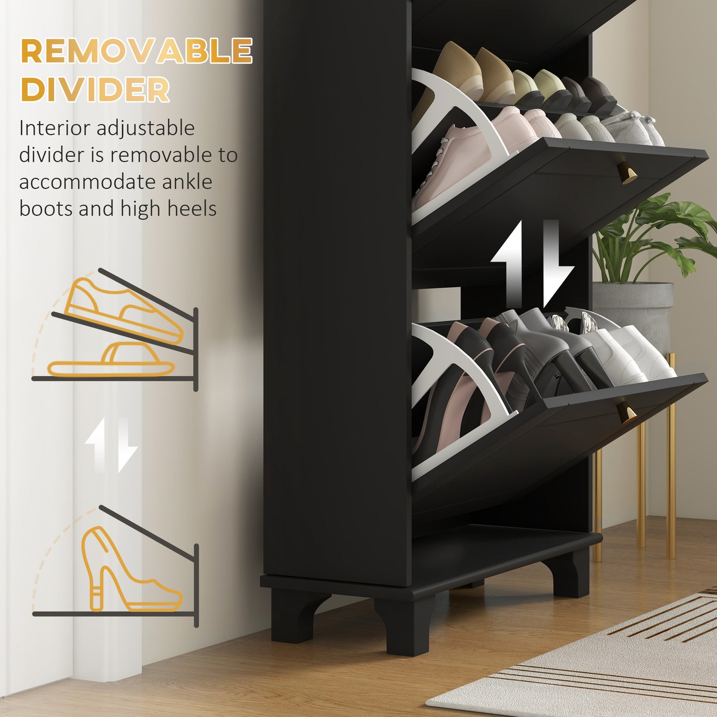 Narrow Shoe Storage 3 Flip Drawers Adjustable Shelves Shoe Organizer 12 Pairs Black Space Saving Kids Crystal