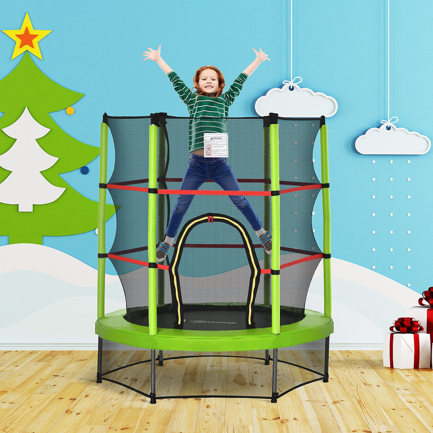 Kids Trampoline: ?55" Round, Safety Net, Indoor Bouncer, 3-6 Years, Steel Frame, Green Kids Crystal