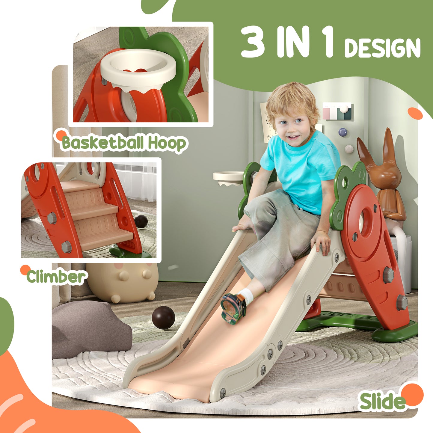 3 in 1 Foldable Toddler Slide with Basketball Hoop, Climber, for 1-3 Years Old, Orange Kids Crystal