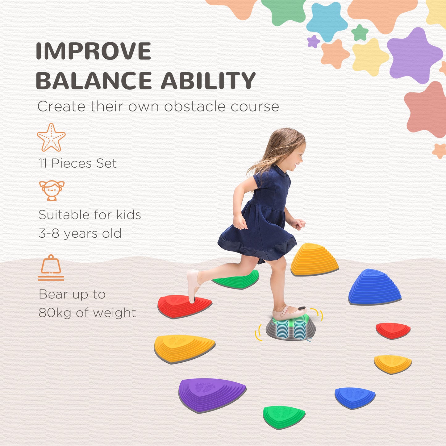 Kids Balance Stepping Stones 11 pcs Set, Fun Indoor Outdoor Play Equipment for Obstacle Courses Kids Crystal