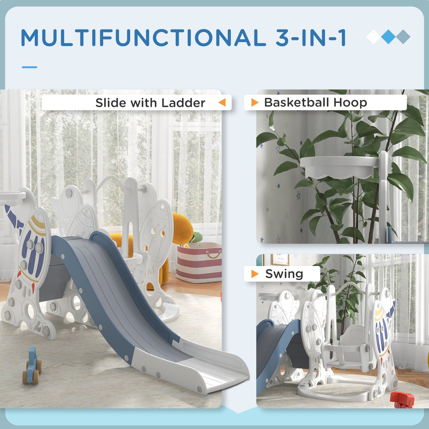 Galactic Playtime: 3 in 1 Toddler Swing Slide Set with Basketball Hoop, Indoor Playground Space Theme, White Blue Finish Kids Crystal