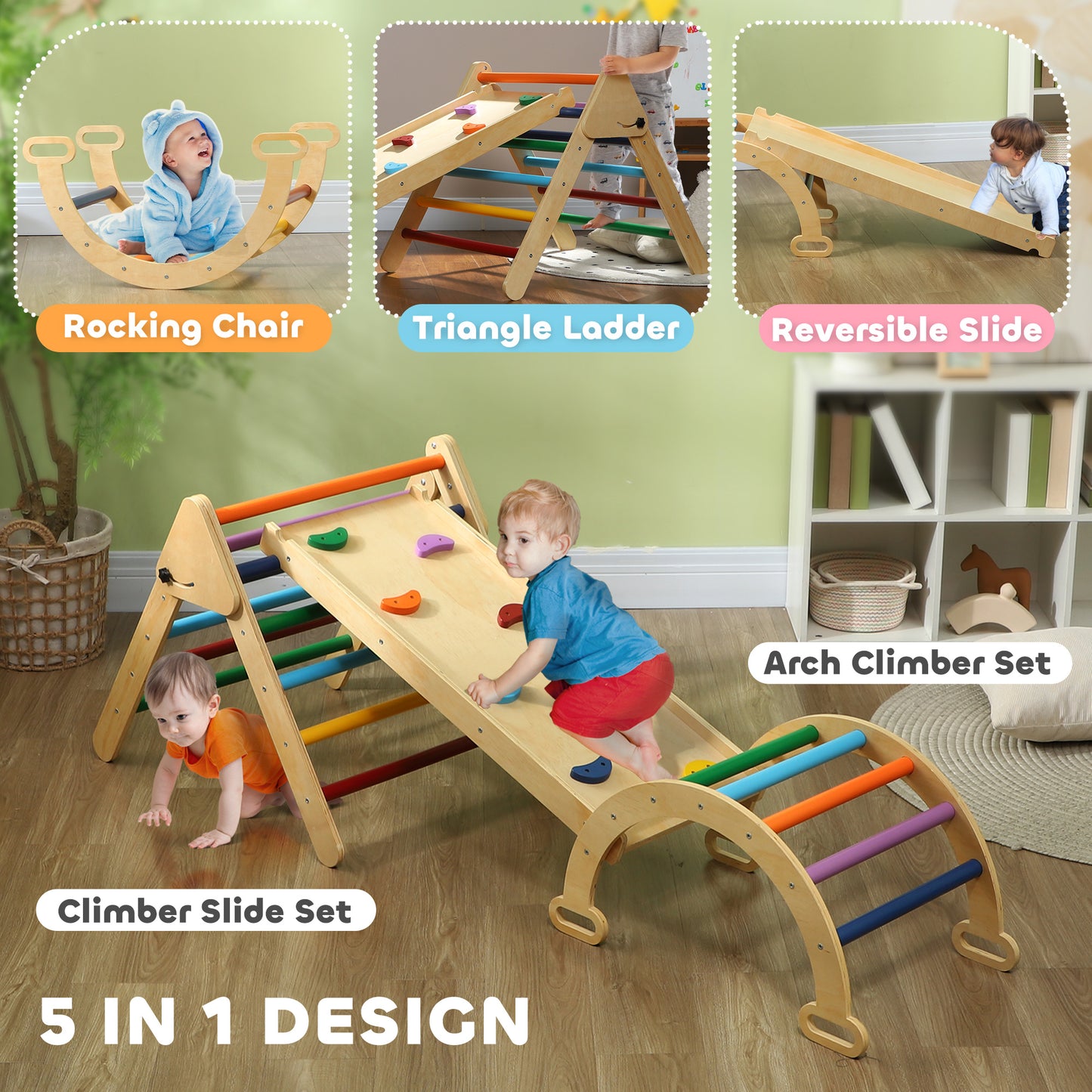 5 in 1 Pikler Triangle Set with Ladder, Ramp, Arch, for 18-48 months, Multicolour Kids Crystal