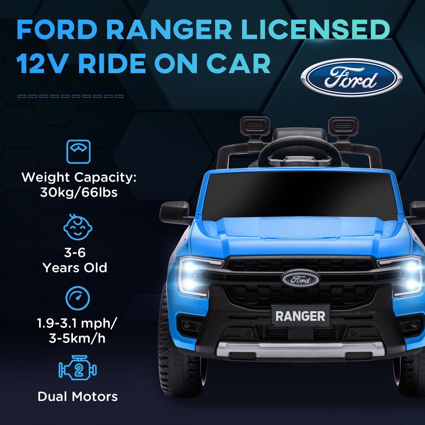 Ford Ranger Licensed 12V Ride on Car Battery Powered Kids Truck w/ Rear Storage Remote, Spring Suspension, Blue Kids Crystal