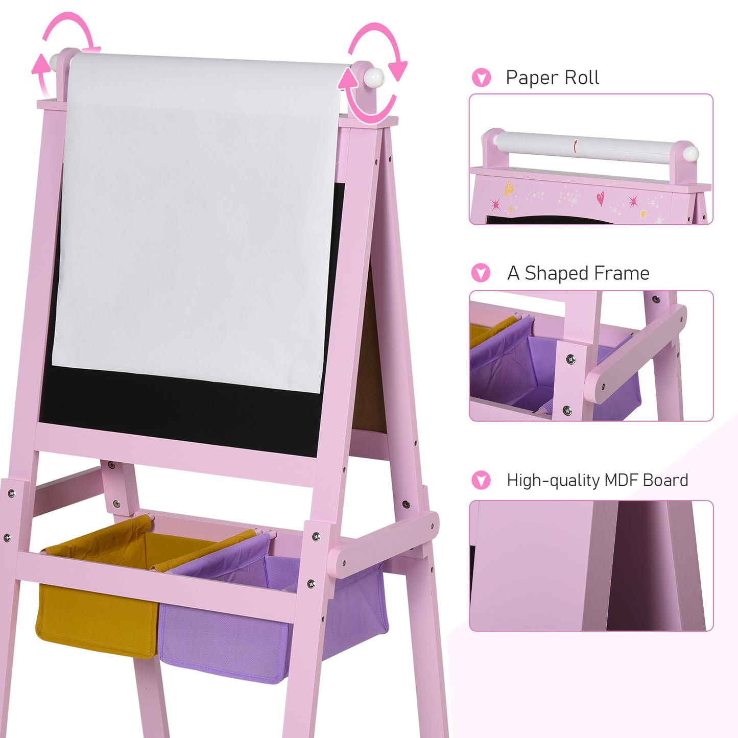 3 In 1 Kids Wooden Art Easel w/ Paper Roll Double-Sided Chalkboard Whiteboard with Storage Baskets Gift for Toddler Age 3+ Pink Kids Crystal