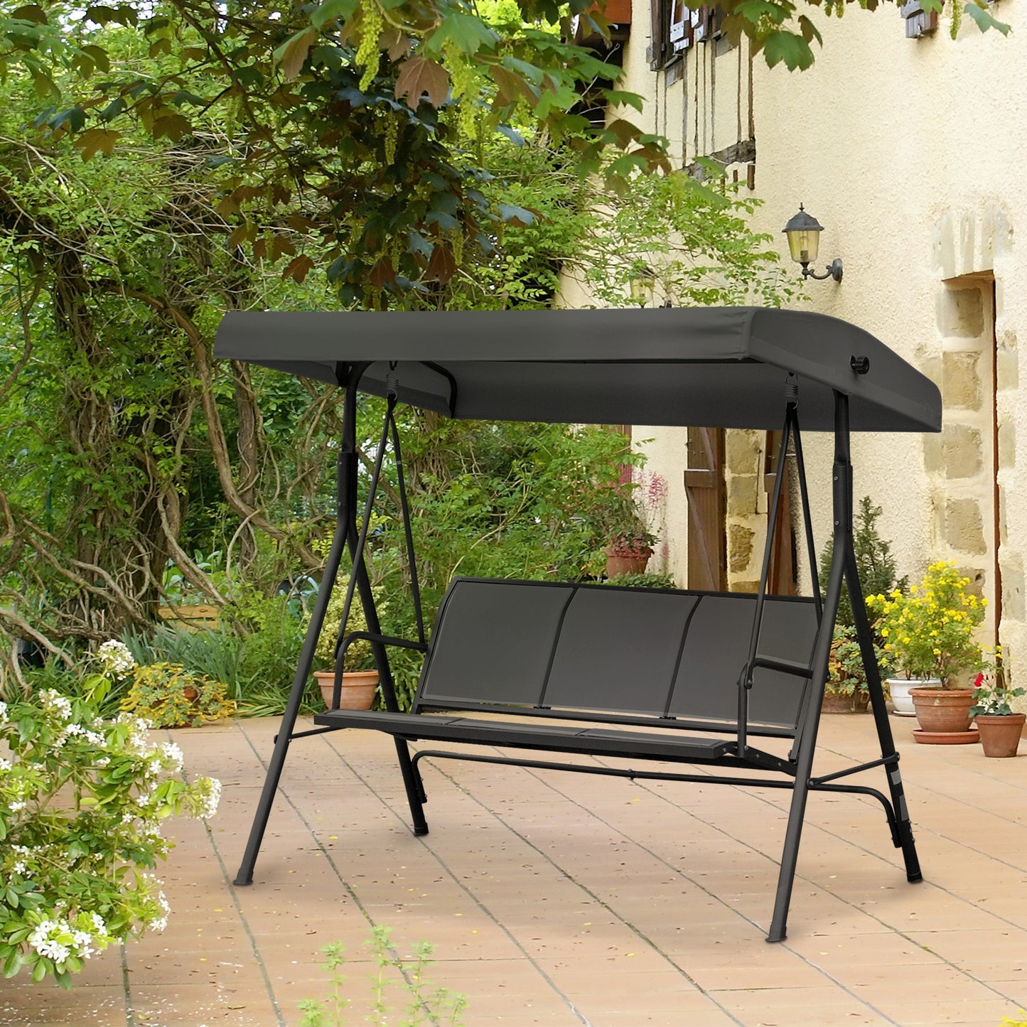 3-Seater Swing Chair Covered Garden Hammock A-Frame Outdoor Porch Glider Sling Seat with Adjustable Canopy Cover, Black Kids Crystal