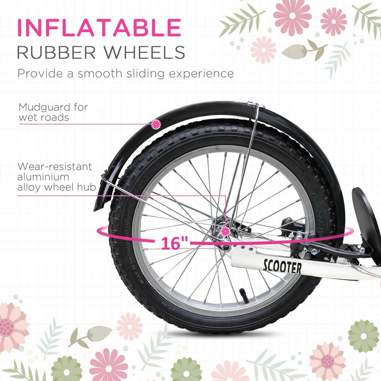 Kick Scooter for Kids Teens with Adjustable Handlebar Dual Brakes 16" Inflatable Rubber Tyres Outdoor Fun Pink Kids Crystal
