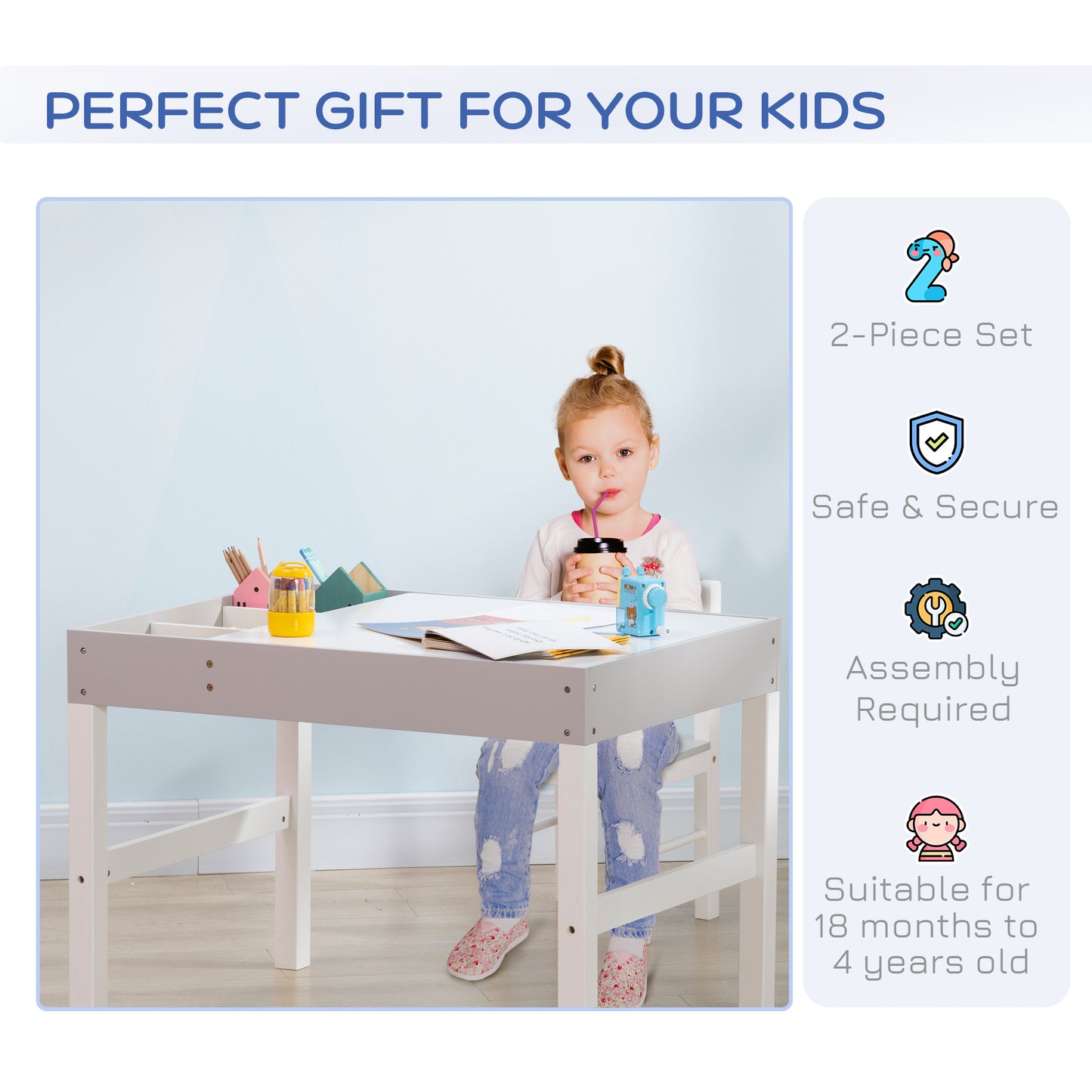 Kids Table Set with Building Block Desktop: 2-Piece Toddler Set, Multiple Storage Spaces Kids Crystal