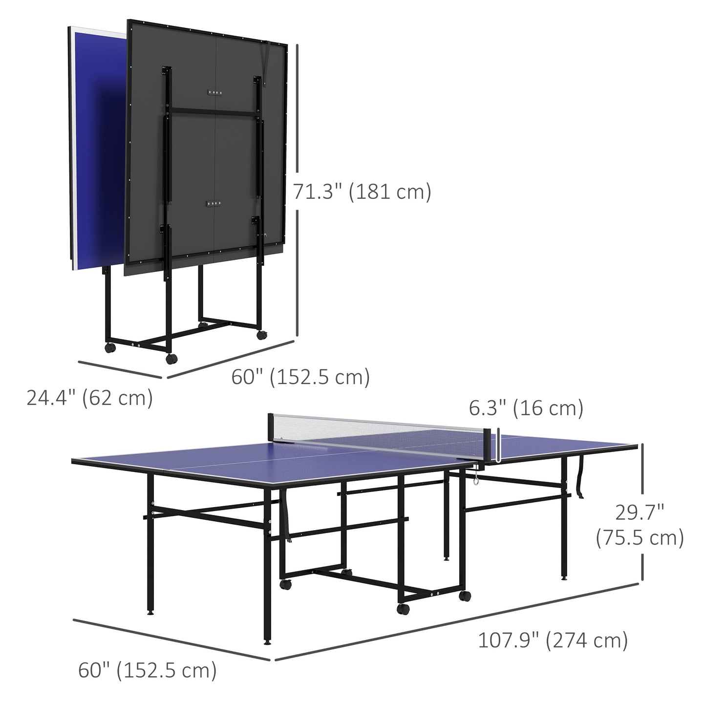 Full Size Table Tennis Table, Folding Ping Pong Table with Net, Paddles, Balls and Wheels, Blue Kids Crystal