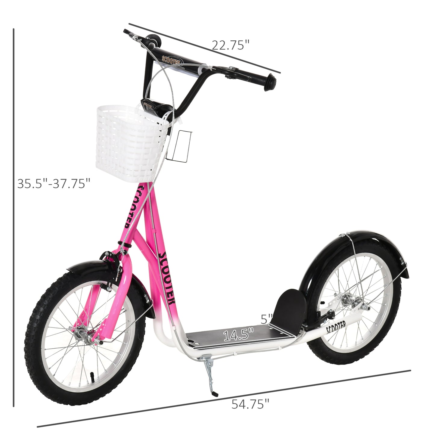 Kick Scooter for Kids Teens with Adjustable Handlebar Dual Brakes 16" Inflatable Rubber Tyres Outdoor Fun Pink Kids Crystal