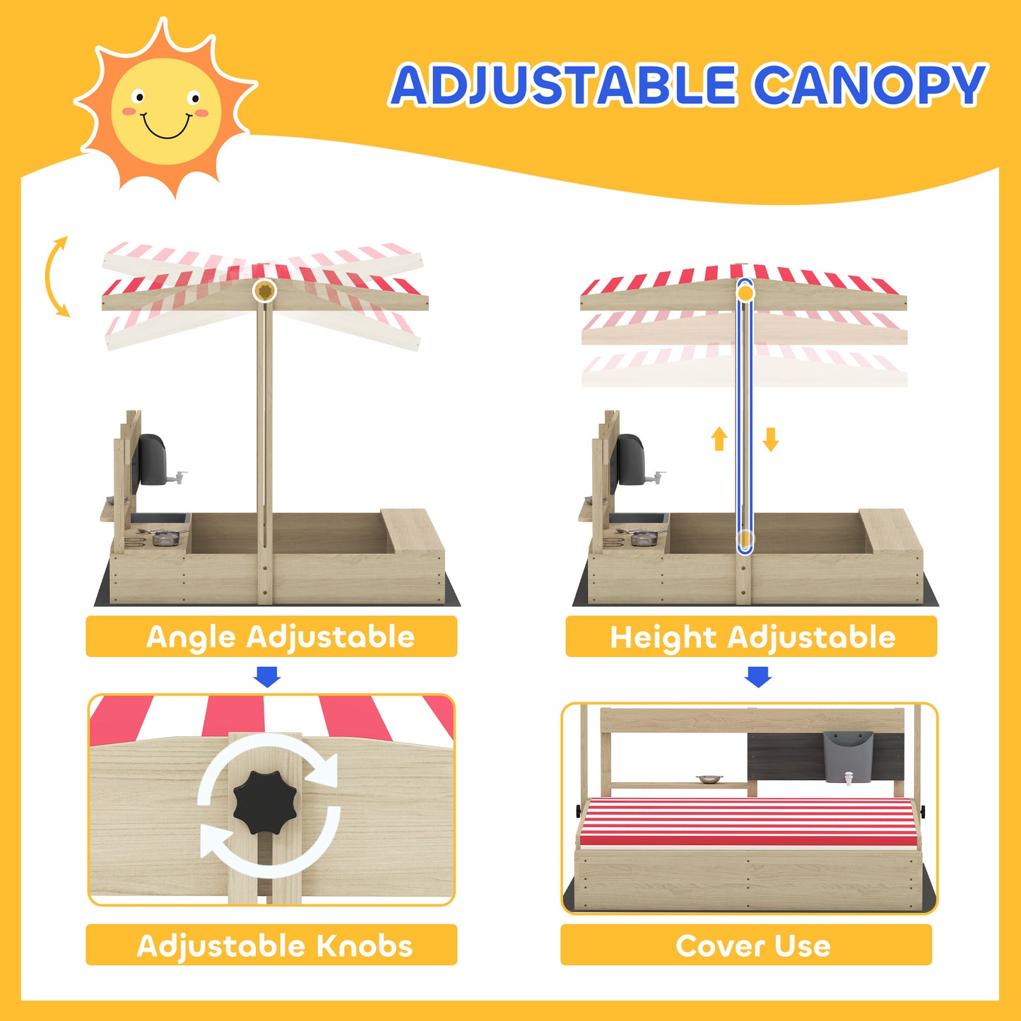 Kids Sandbox with Cover Kitchen Playset Toys, Wooden Sand Box with Seat, Storage, for 3-7 Years Old, Natural Wood Kids Crystal
