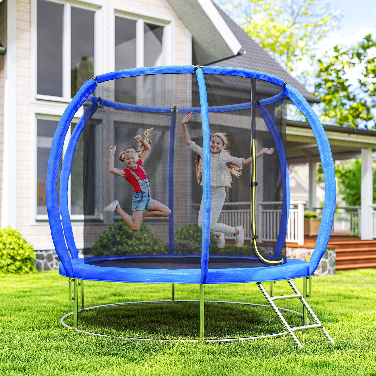 8ft Kids Trampoline Outdoor, ASTM Certified, with Circular Base, Enclosure Net, Ladder and Curved Poles Kids Crystal