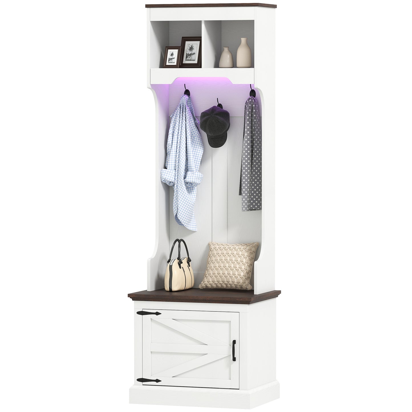3-in-1 Hall Tree with LED Lights and Bench, Coat Rack with Shoe Storage, White Wood Grain