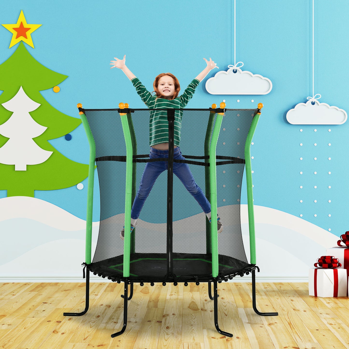 64" Kids Trampoline Indoor/Outdoo with Enclosure Net Elastic Thick Padded Pole Gift for Ages 3-10 Years Old Green Kids Crystal
