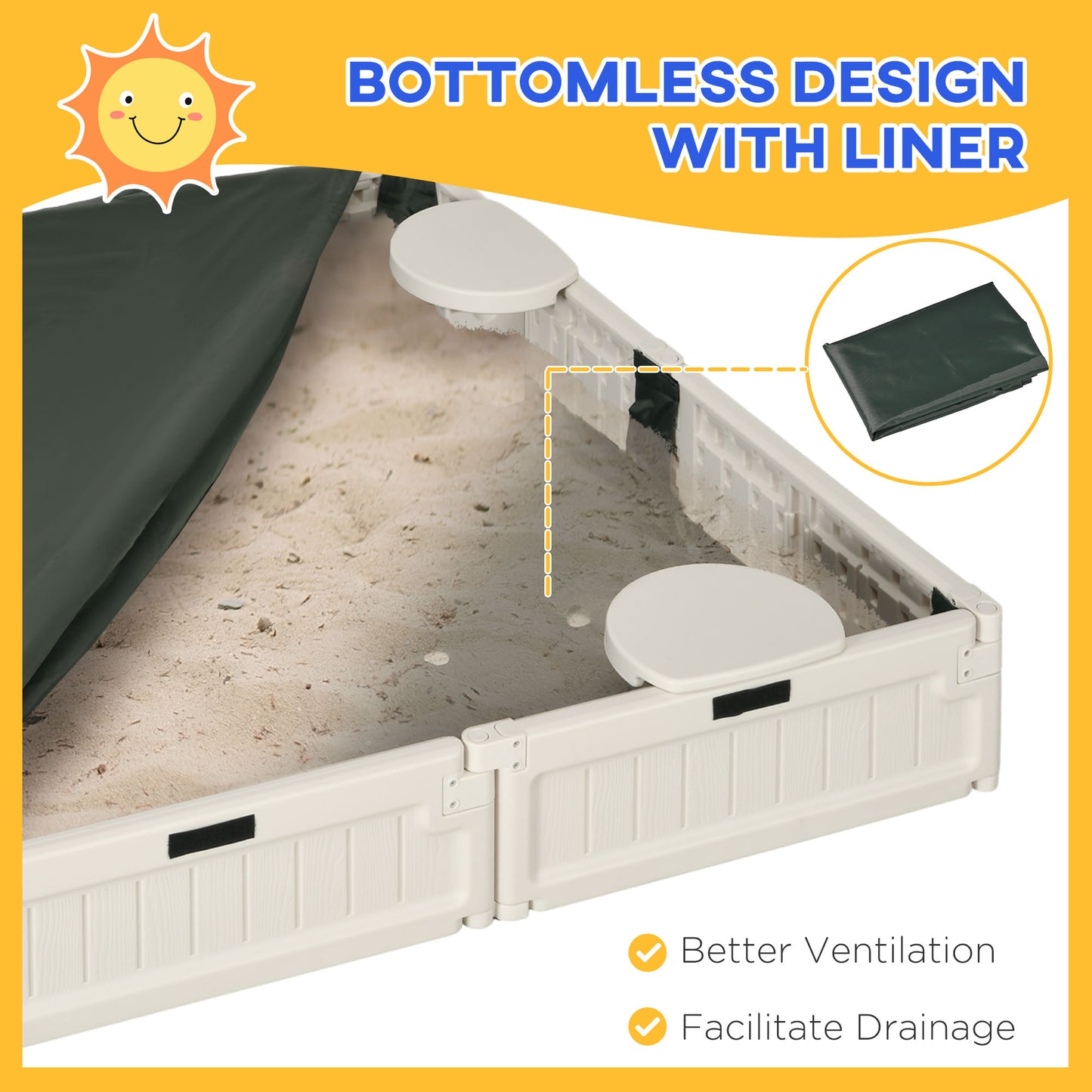 Sandbox with Canopy for Kids Outdoor Play Area with Bottom Liner Protective Shade Cream White Kids Crystal
