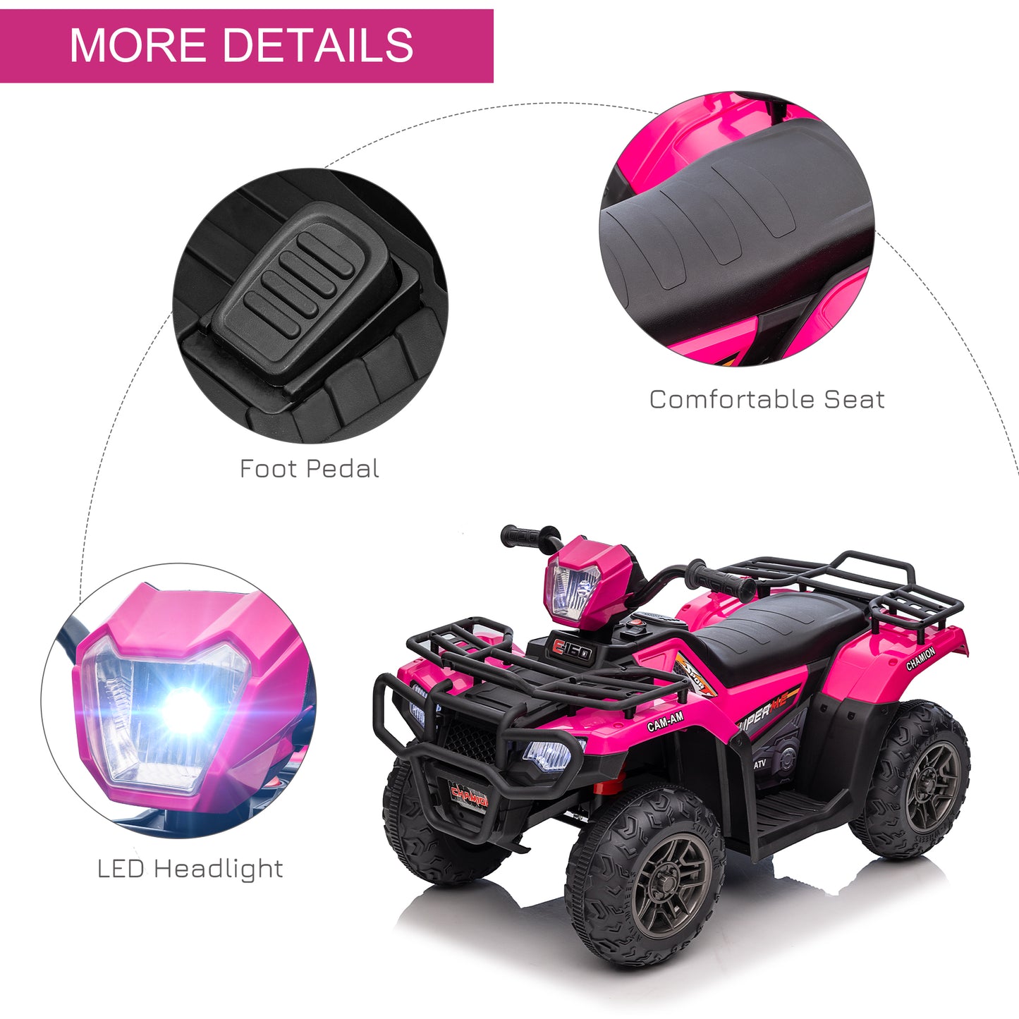 Kids ATV: 12V, 4 Wheeler Quad, Battery Powered, Music, LED Lights, Treaded Tires, 3-5 Years, Pink Kids Crystal