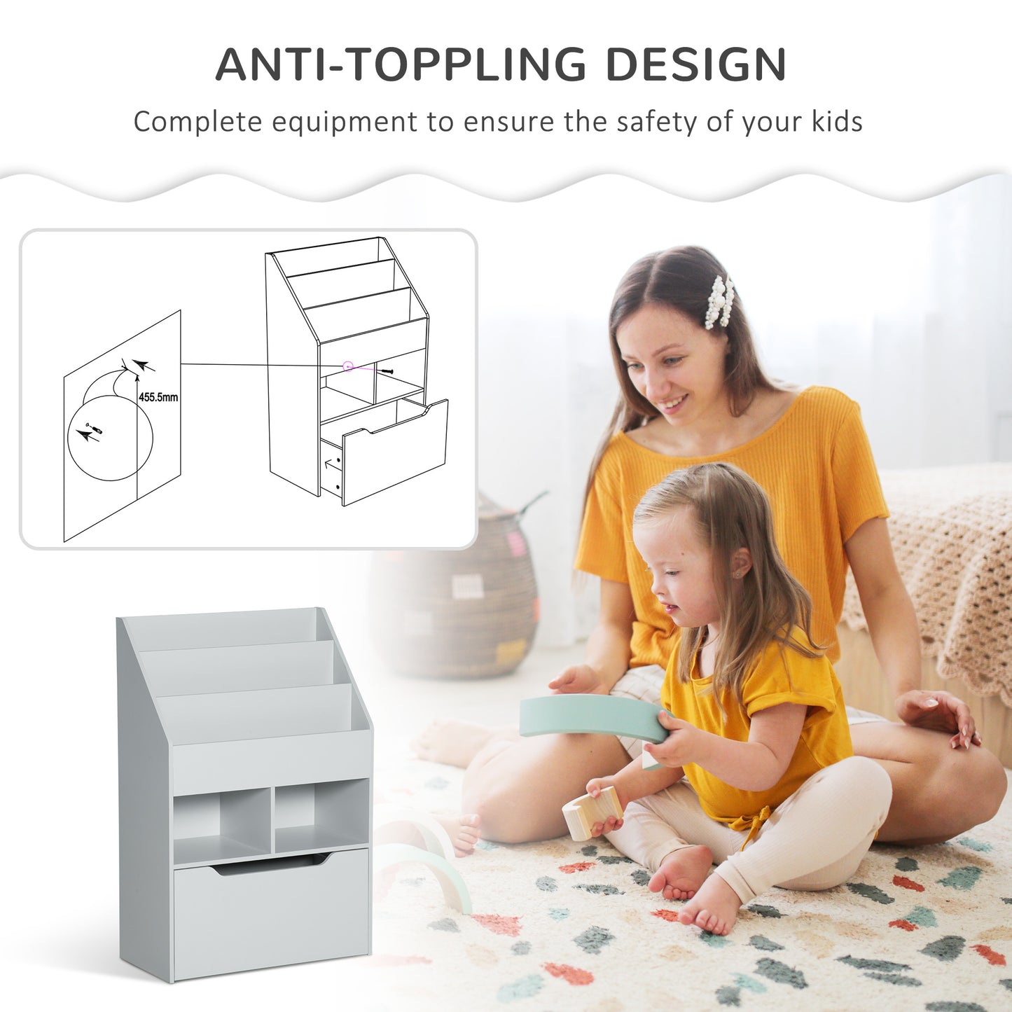 Kids Bookcase Multi Shelf Rack Organizer Storage Drawer Reading Nook Classroom Bedroom Playroom Grey Kids Crystal