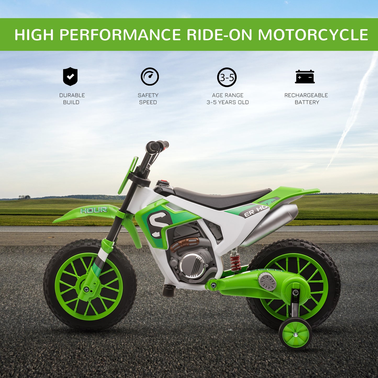 Kids Dirt Bike Battery-Powered Ride-On Electric Motorcycle with Charging 12V Battery, Training Wheels Green Kids Crystal