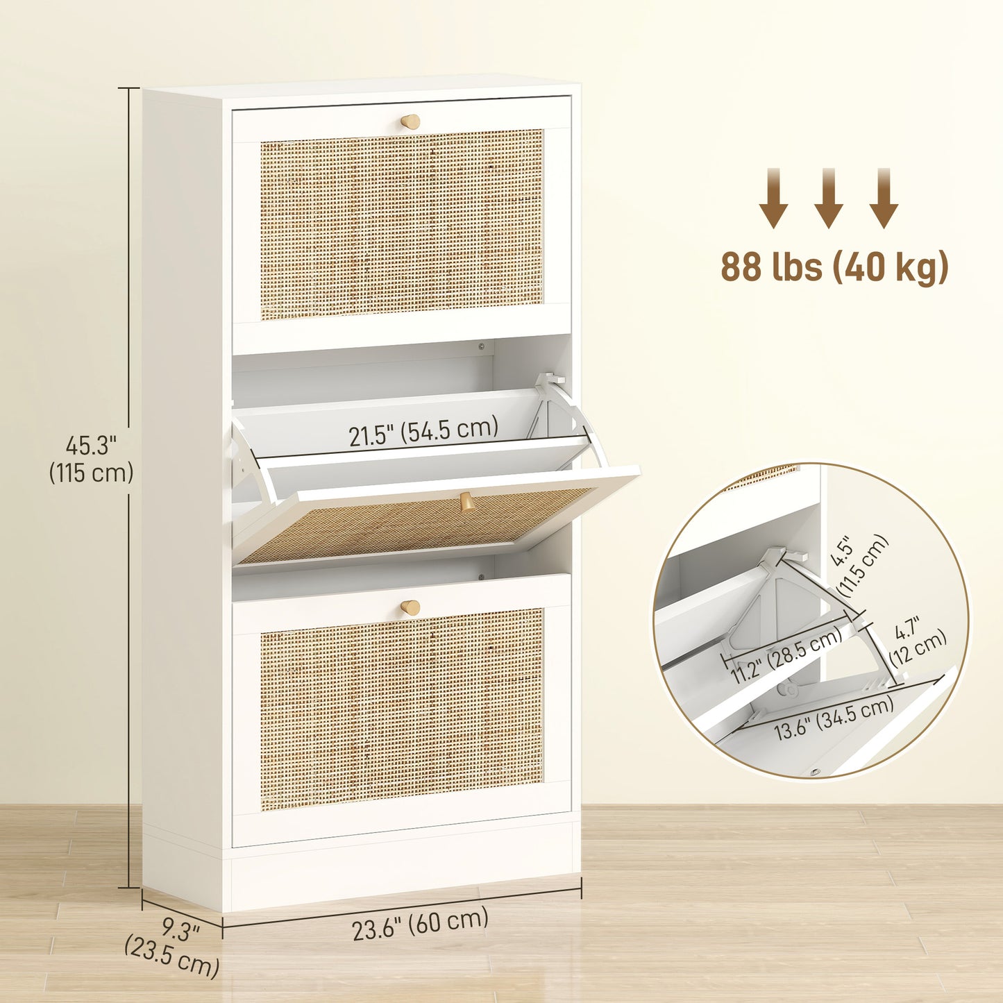 Rattan Shoe Storage Cabinet with 3 Flip Drawers and Adjustable Shelves, Entryway Shoe Cabinet for 18 Pairs, White Kids Crystal