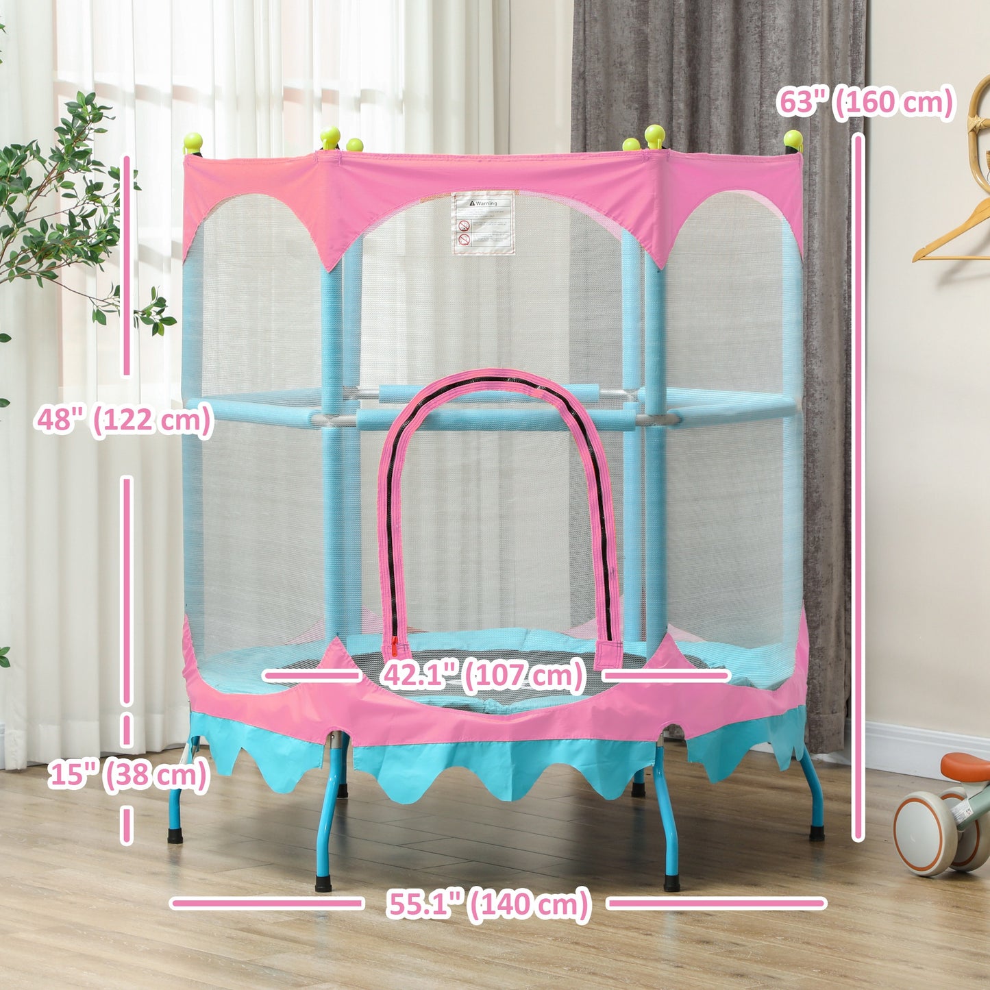 Trampoline for Kids, 4.6FT Mini Toddler Trampoline Indoor Outdoor with Handlebar, Safety Enclosure Net, Pink Kids Crystal