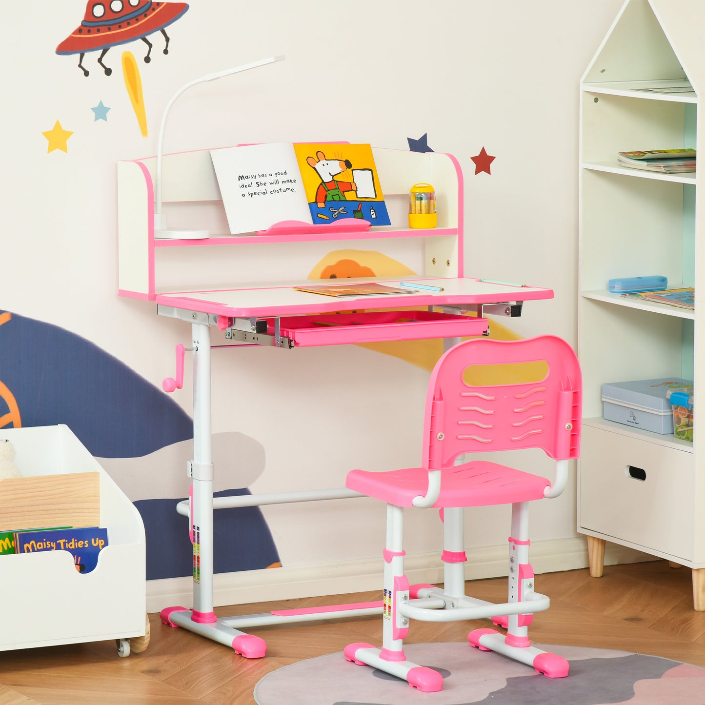 Kids Adjustable Desk and Chair Set with LED Light Bookshelf Drawer for Student Study Pink Kids Crystal