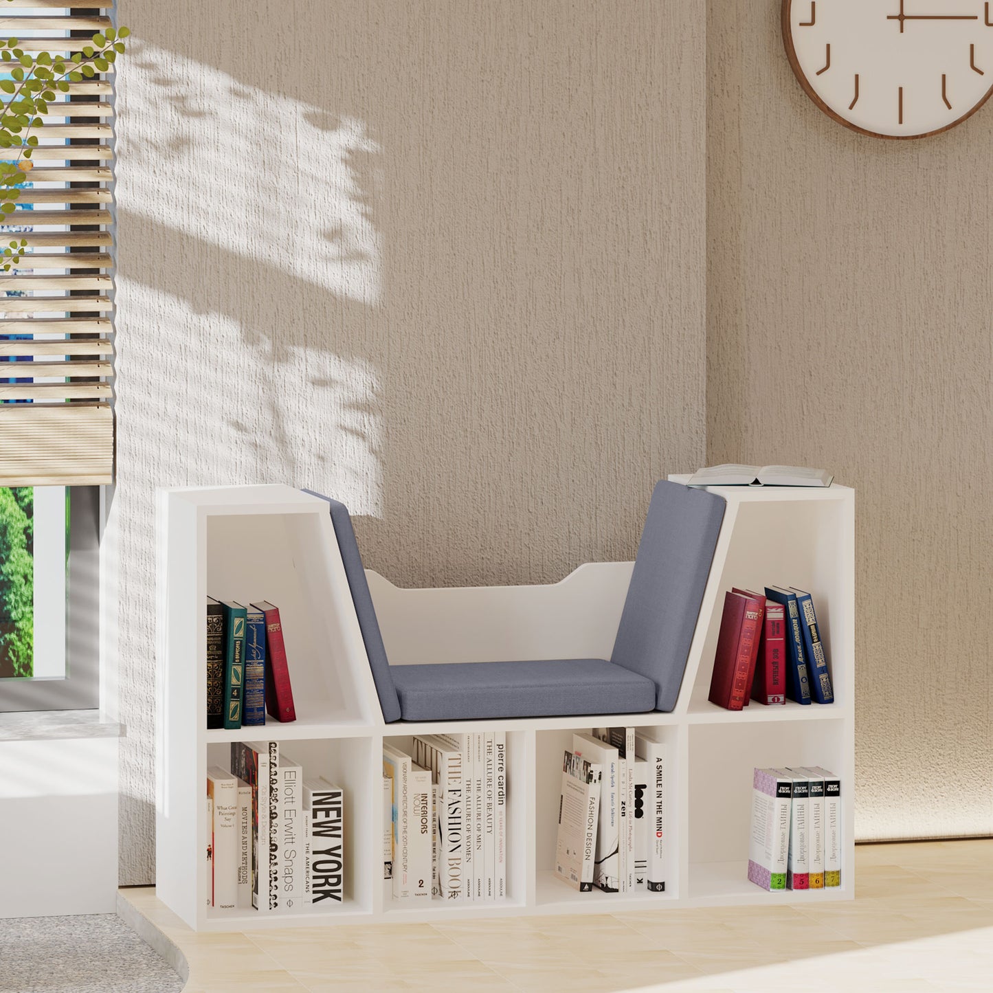 Kiddie Cubby Charm: 6-Cubby Bookcase with Cushioned Reading Nook, Storage Organizer Cabinet Shelf in White & Grey Kids Crystal