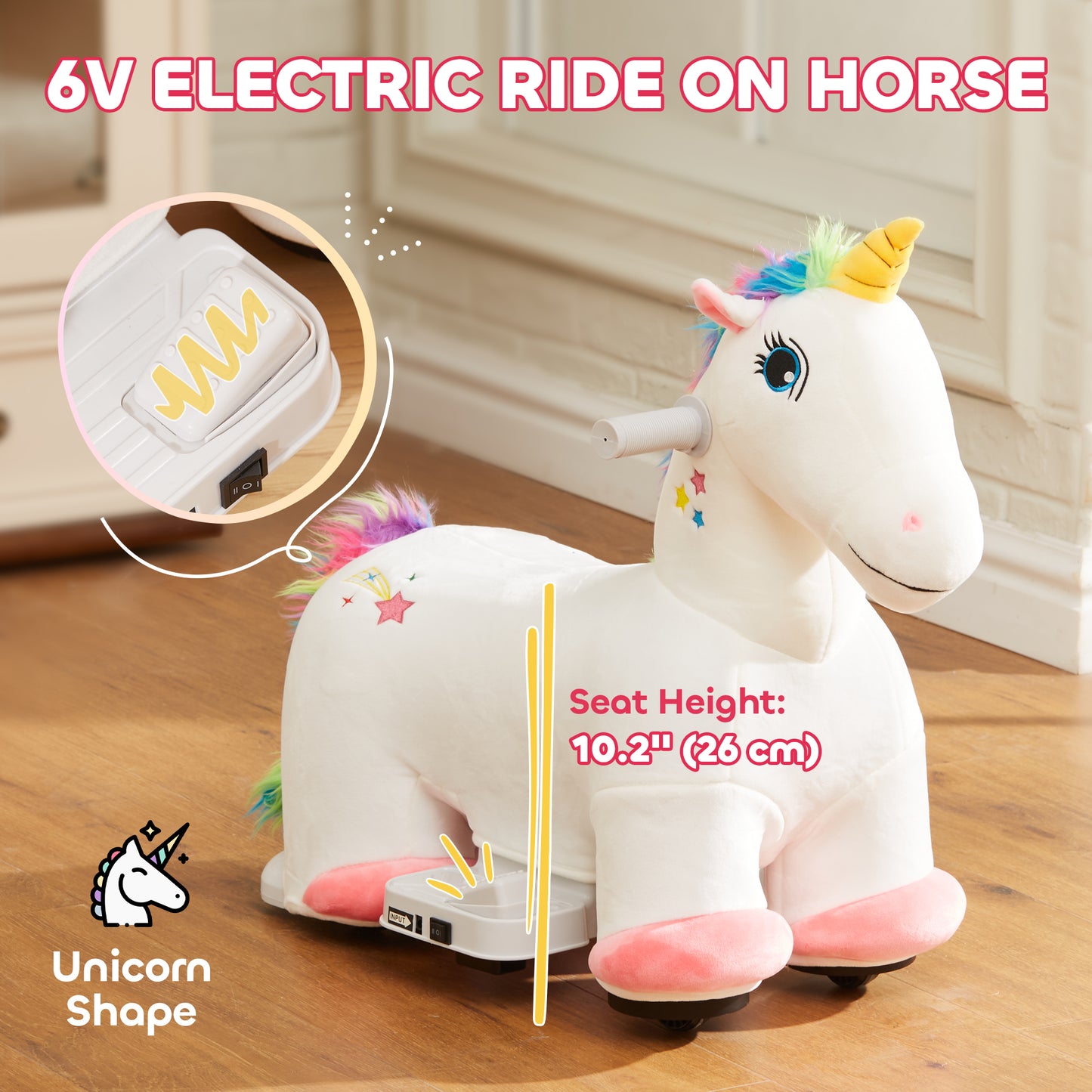 6V Ride on Unicorn, Battery Powered Kids Riding Pony with Music Forward, Aged 18-36 Months, White Kids Crystal