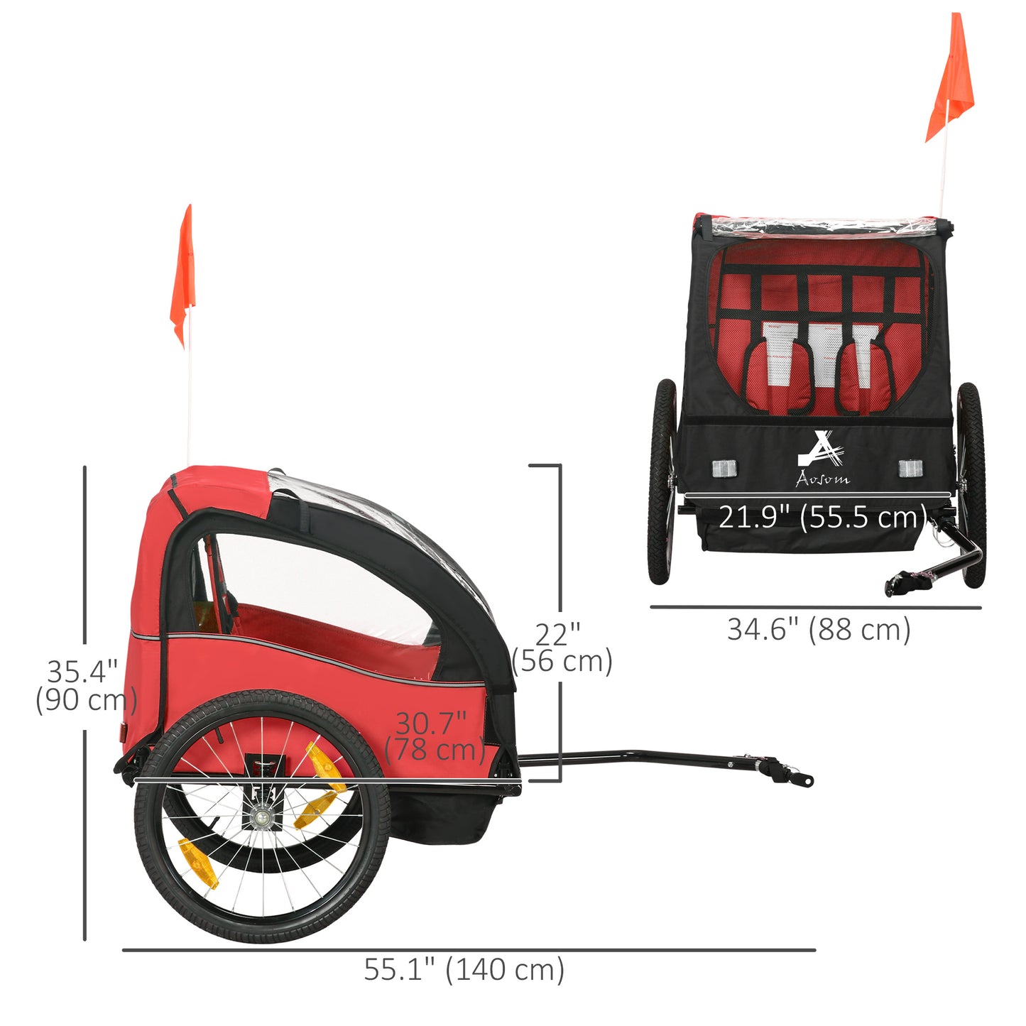 2 Seat Bike Trailer for Kids, Baby Stroller with Storage Bag, 5 Point Harness, Bicycle Trailer with 20" Wheels, Red