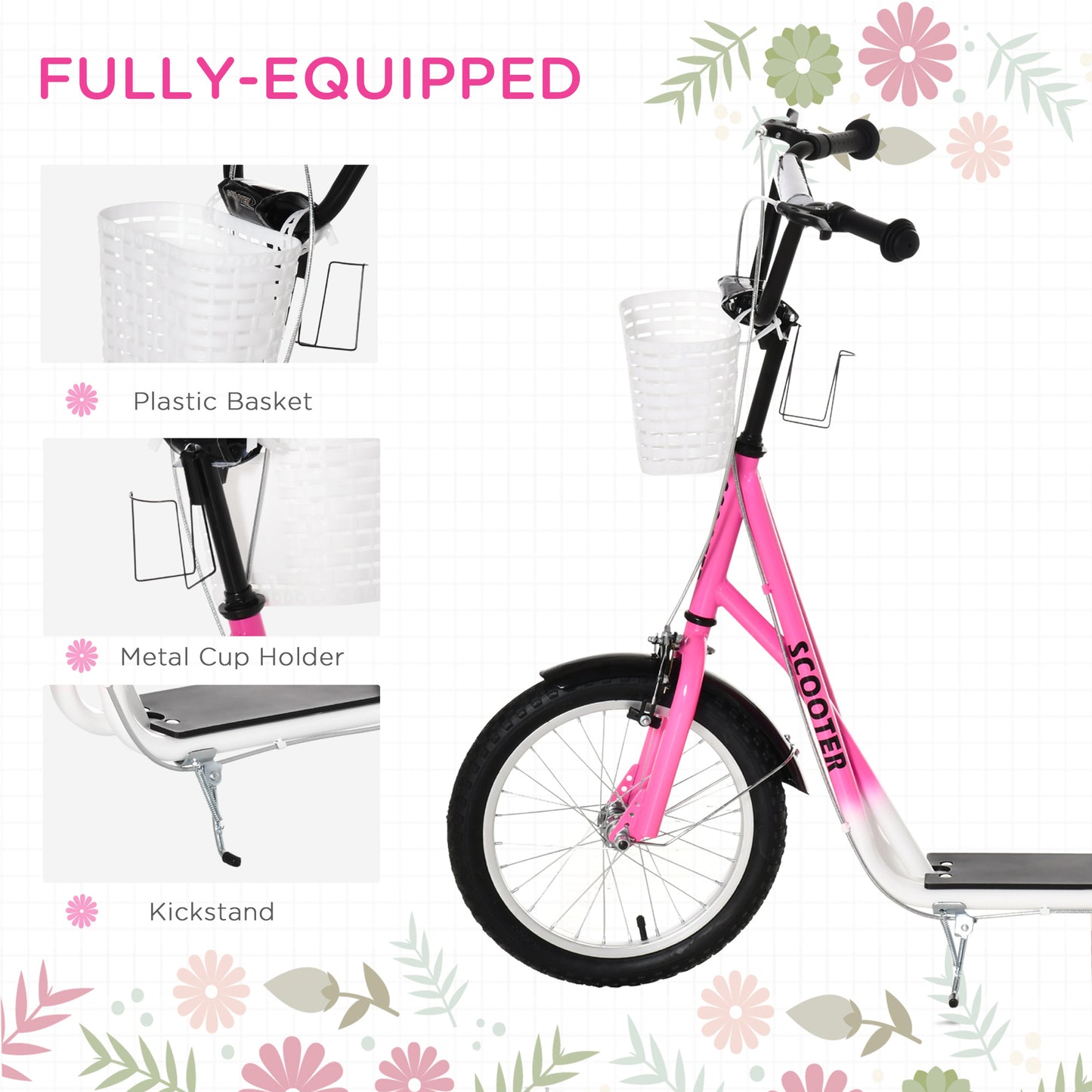 Kick Scooter for Kids Teens with Adjustable Handlebar Dual Brakes 16" Inflatable Rubber Tyres Outdoor Fun Pink Kids Crystal