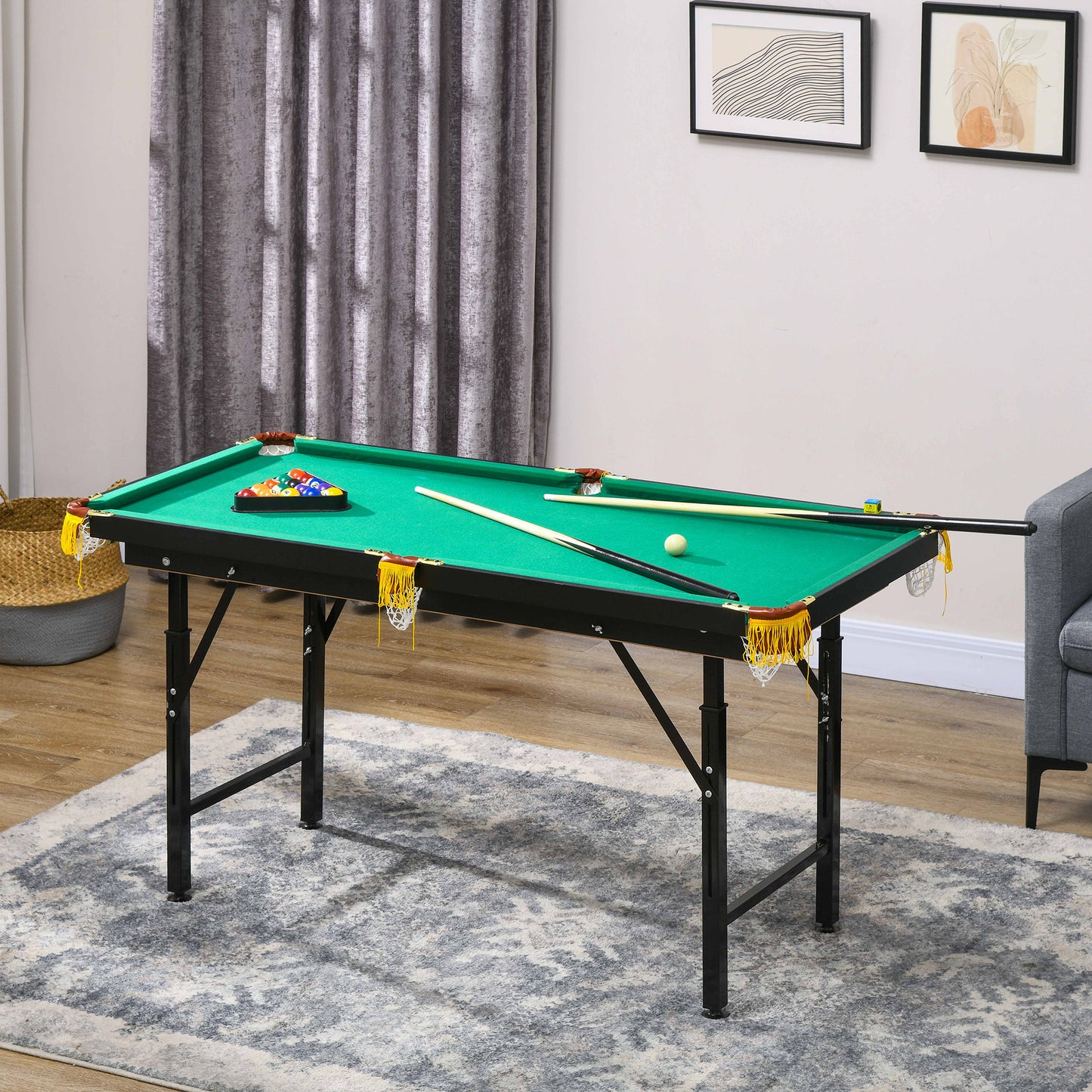 55" Pool Table Set Folding Billiard Table with Adjustable Height, 2 Cues, 16 Balls, 2 Chalks, Triangle, Brush, Green Kids Crystal