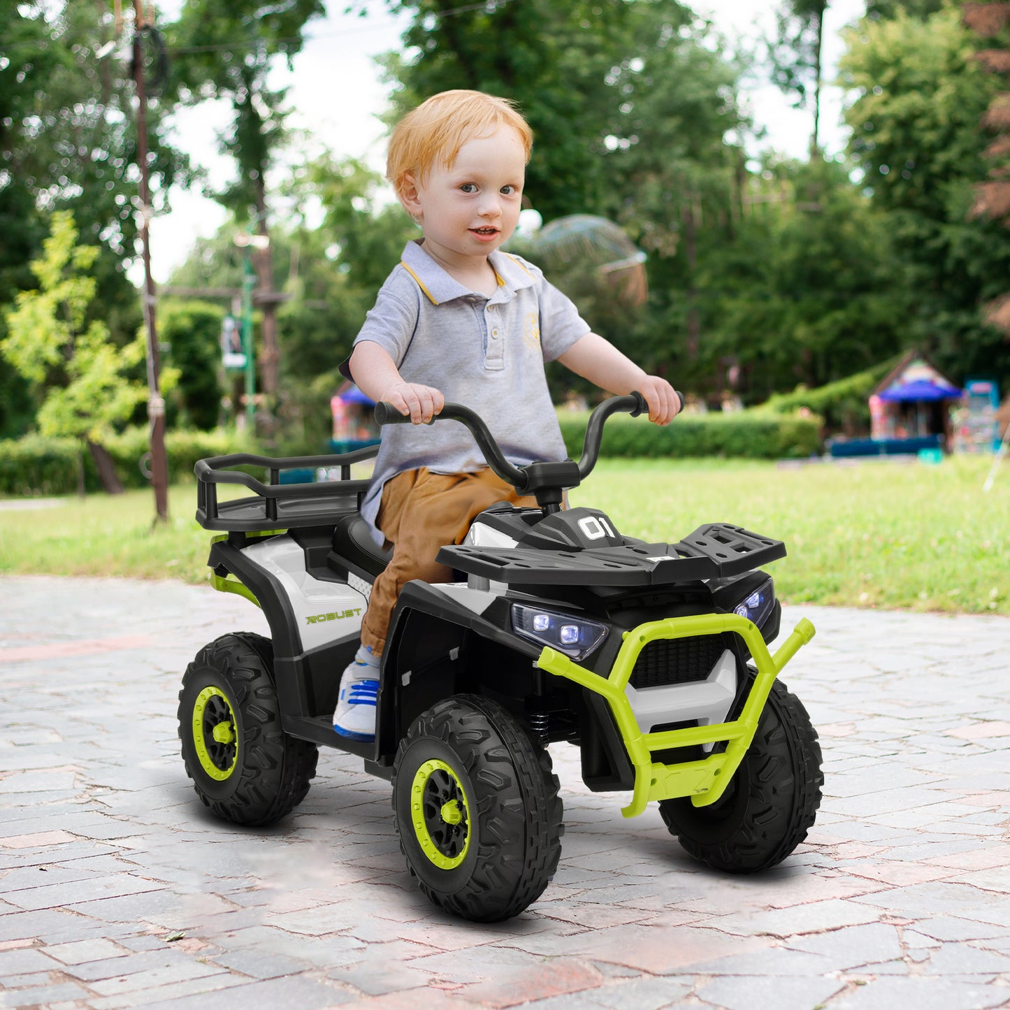 Kids ATV, 12V Battery Powered Electric Ride on Toy w/ Spring Suspension, Storage Basket, High & Low Speed, Green Kids Crystal