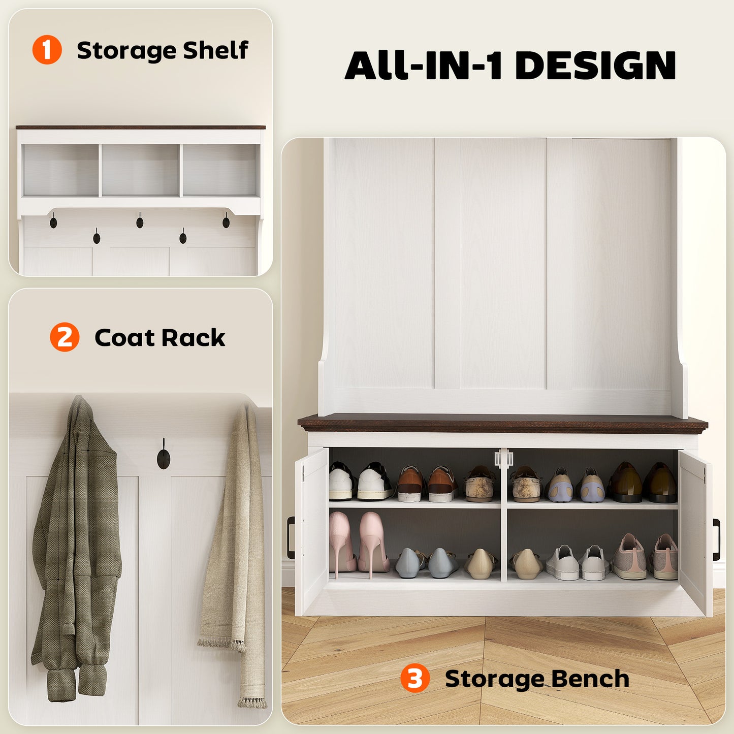 3-in-1 Hall Tree with Bench, Coat Rack with Shoe Storage, White Wood Grain