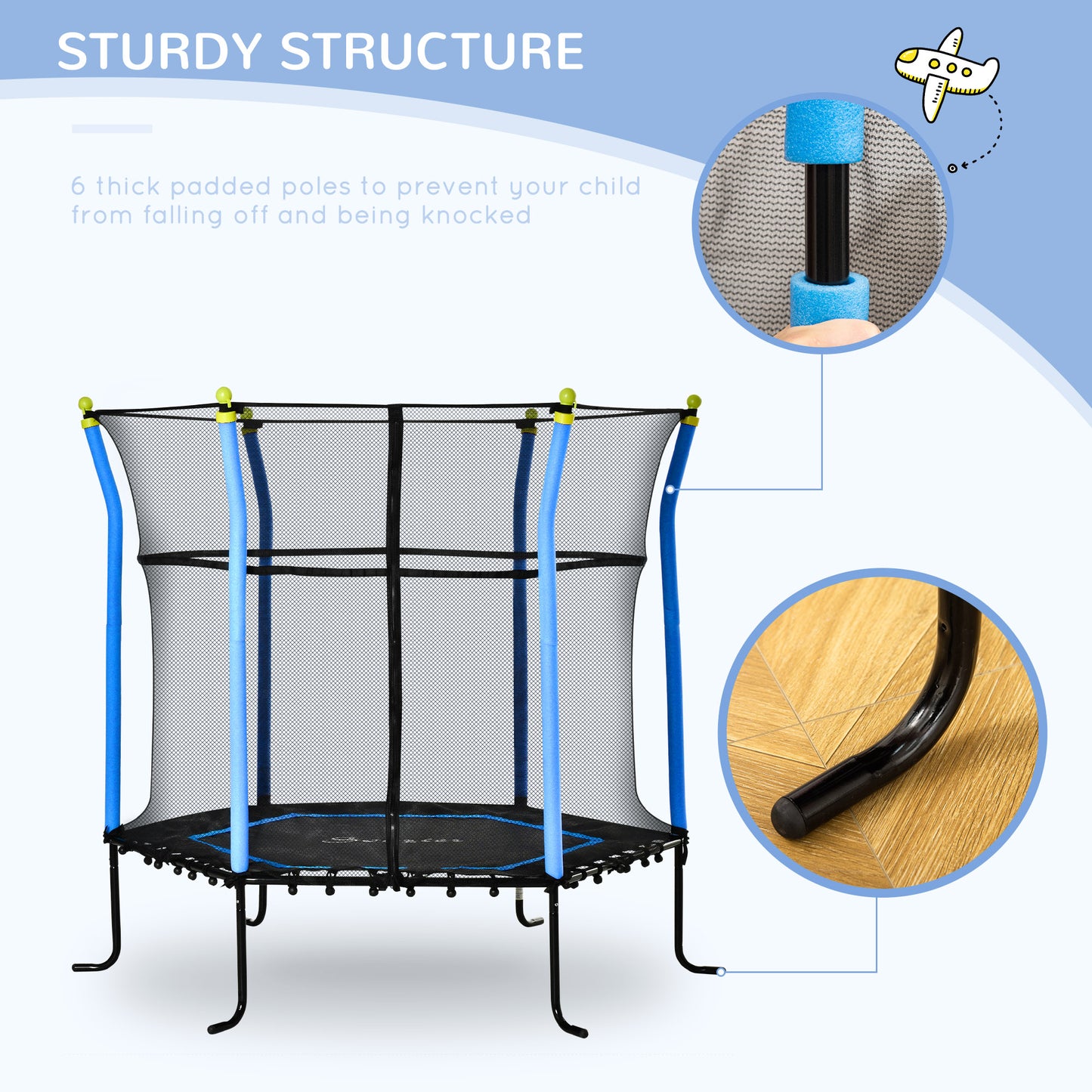63" Kids Trampoline Mini Indoor/Outdoor Bouncer Jumper Enclosure Net Elastic Thick Padded Pole 3-10 Years Blue Kids Crystal