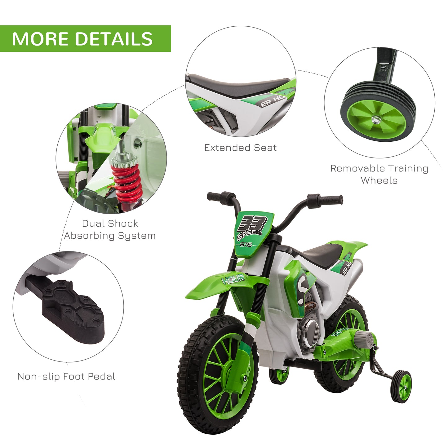 Kids Dirt Bike Battery-Powered Ride-On Electric Motorcycle with Charging 12V Battery, Training Wheels Green Kids Crystal