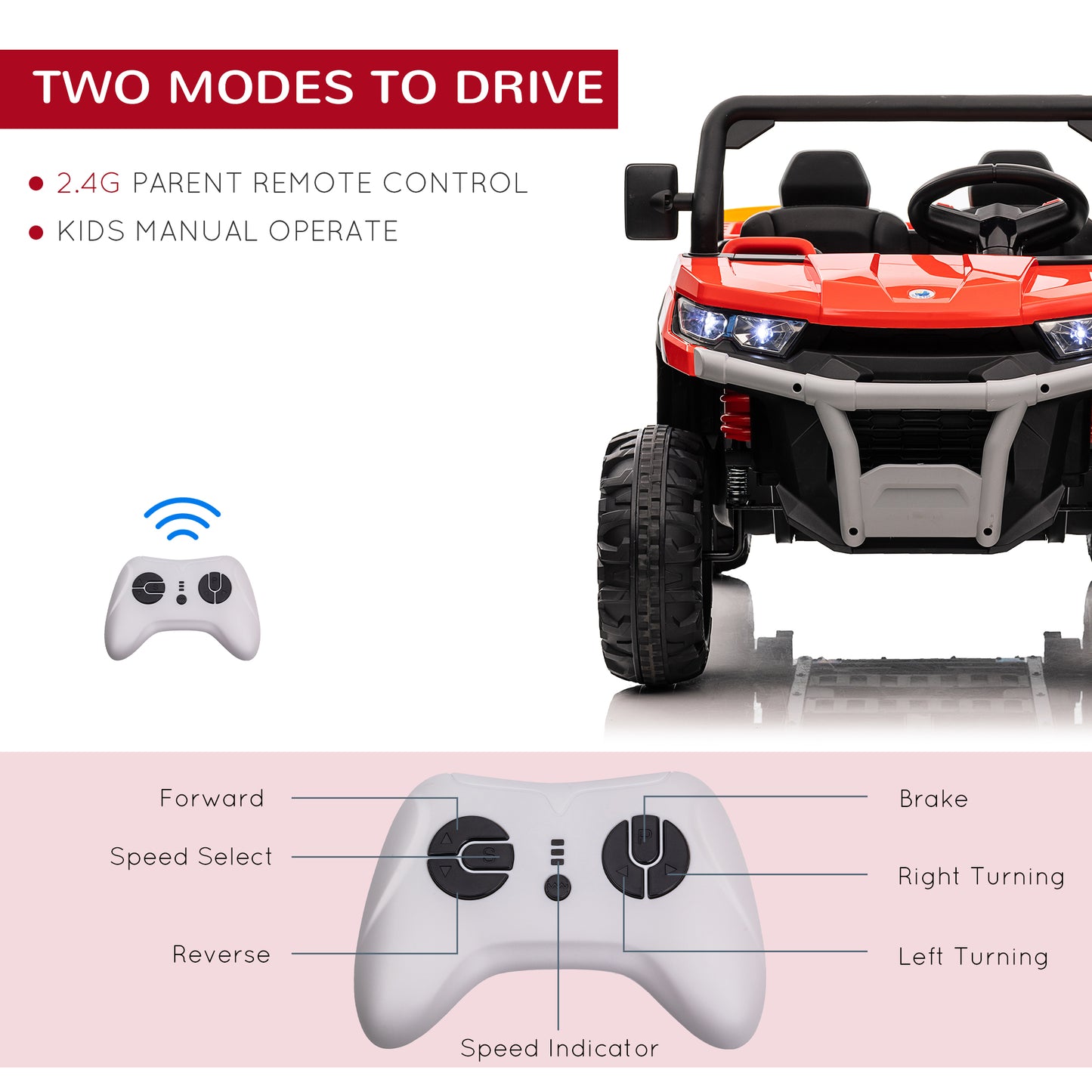 Kids Ride on Car 12V with Electric Bucket, Two-Seater Battery-Powered Cars for Kids with Shovel, Remote Control, Spring Suspension Kids Crystal
