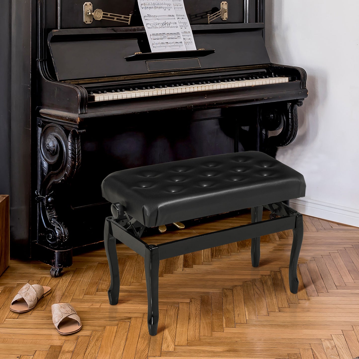 Deluxe Adjustable Piano Bench Stool Button Tufted PU Leather Padded Seat High Gloss Rubberwood Legs Black Kids Crystal