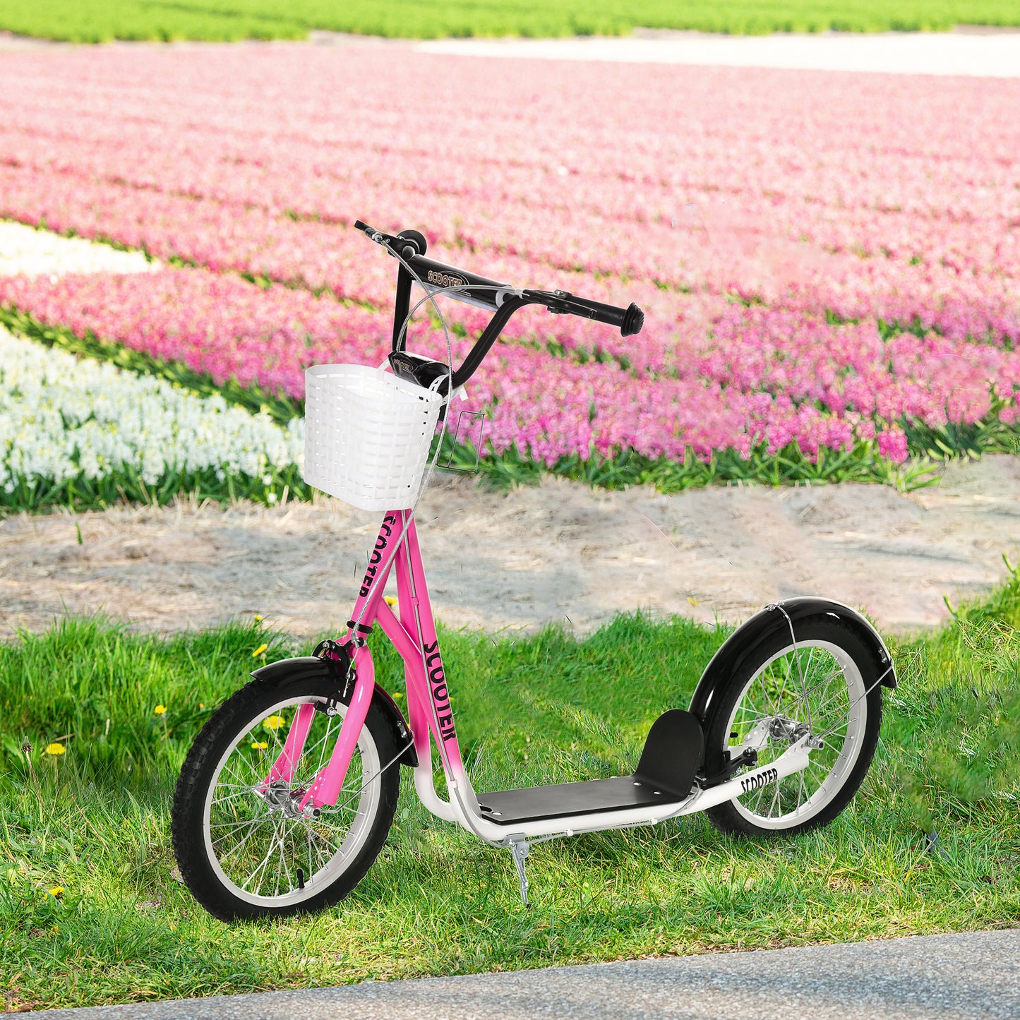 Kick Scooter for Kids Teens with Adjustable Handlebar Dual Brakes 16" Inflatable Rubber Tyres Outdoor Fun Pink Kids Crystal