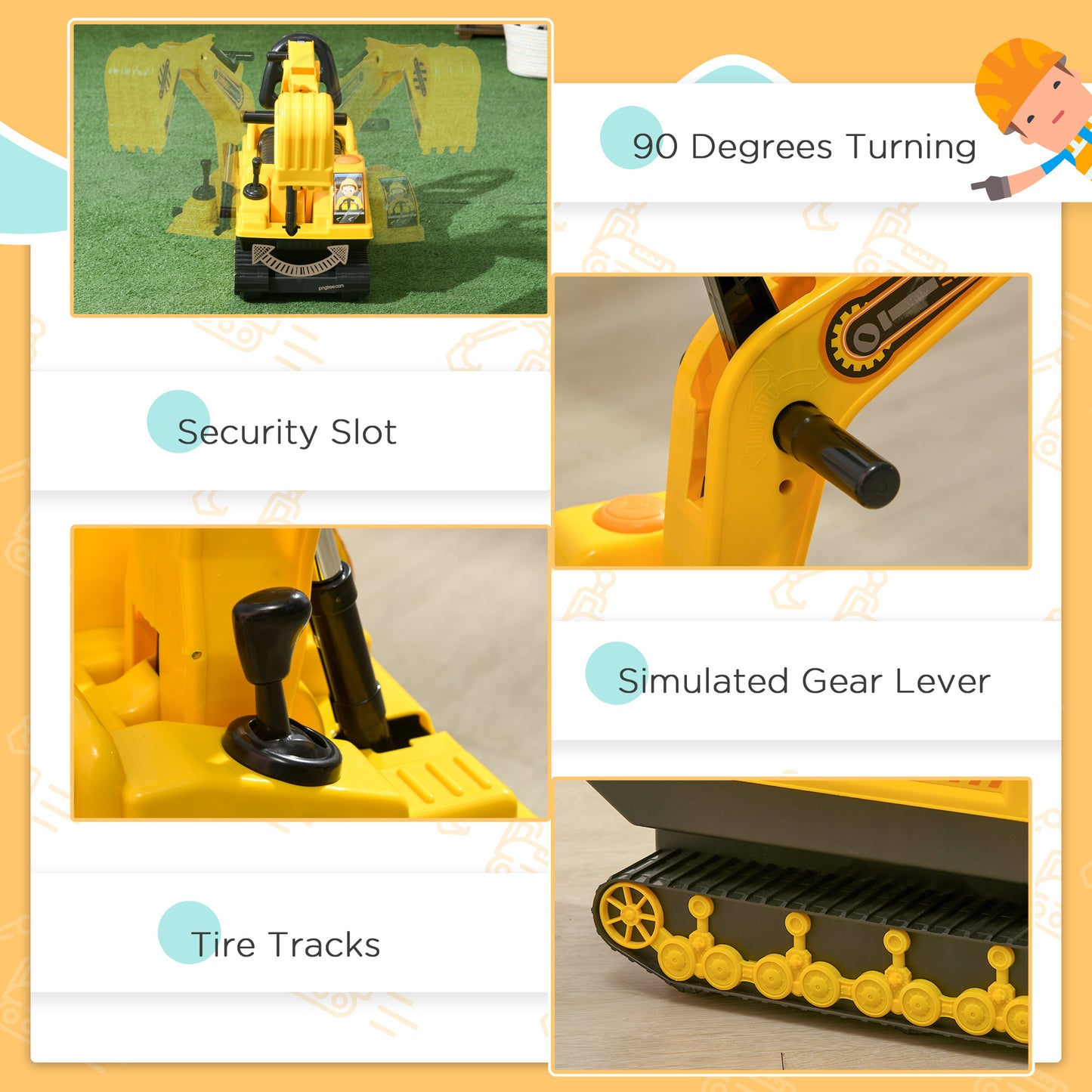 Ride On Excavator Toy Tractors Digger Movable Scooter Walker Pretend Play for Toddlers Yellow Black Kids Crystal