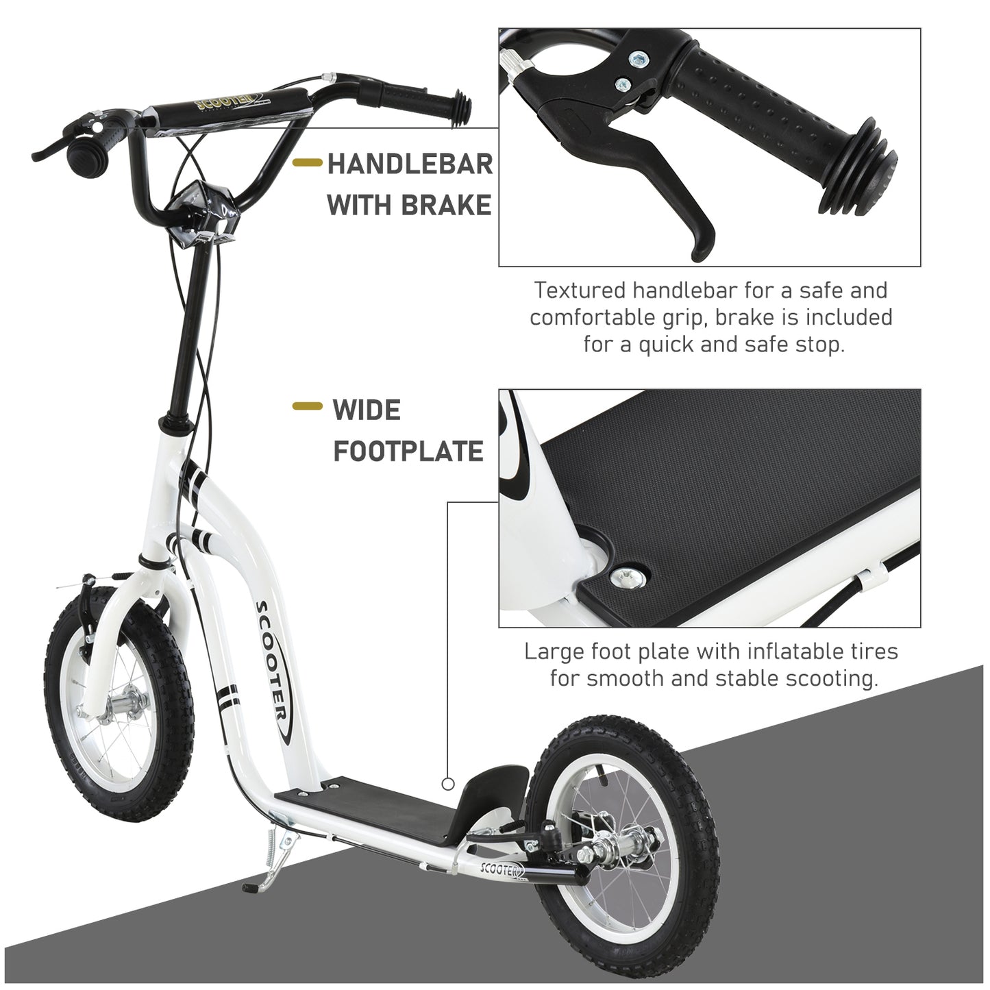 Dual Brakes Kick Scooter 12-Inch Inflatable Front Wheel Ride On Toy for Age 5+, White Kids Crystal