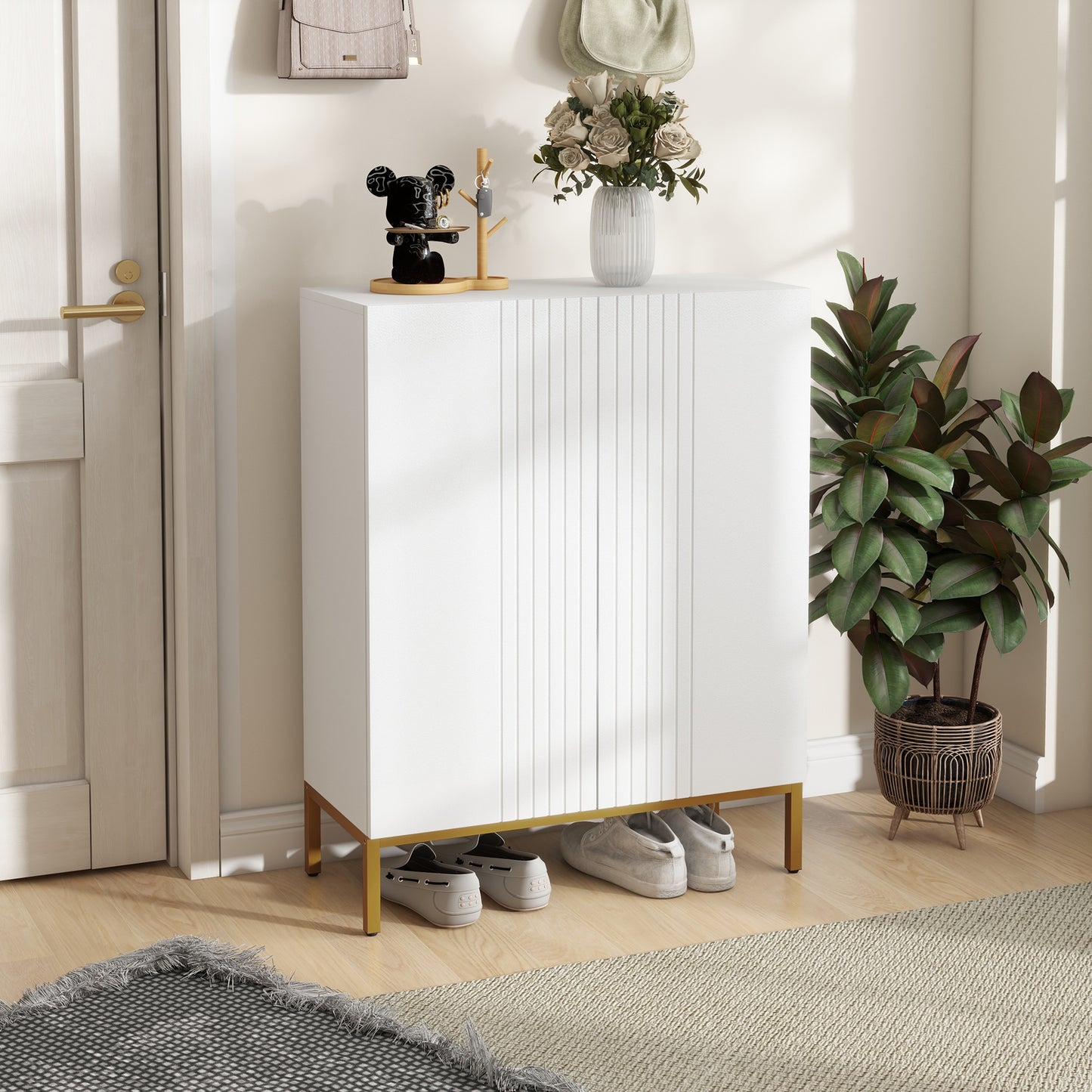 Narrow Shoe Storage Cabinet Adjustable Shelves Soft-Close Hinges for 15-20 Pairs White Kids Crystal