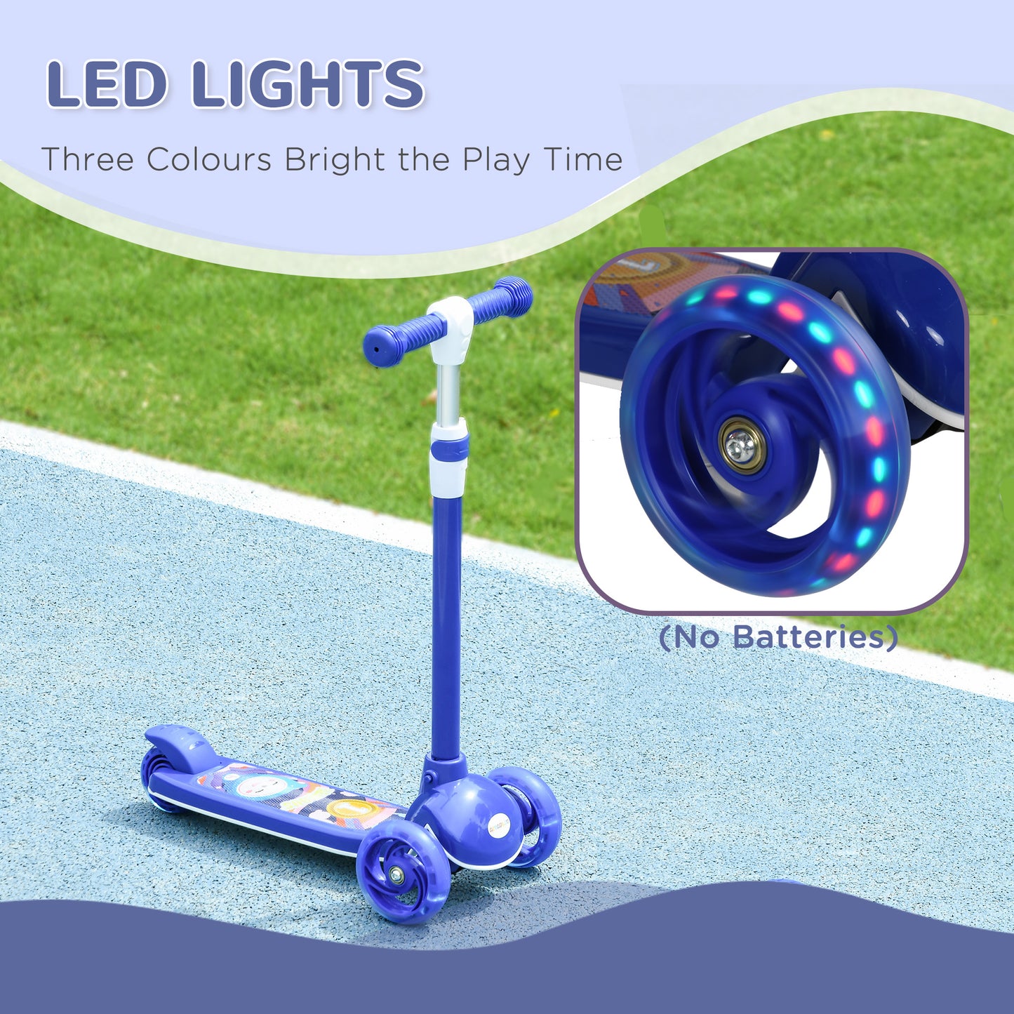 3 Wheel Kids Scooter, Toddler Kick Scooter with Adjustable Height, Rear-Fender Brake, LED Light, TPE Handlebar, Blue Kids Crystal