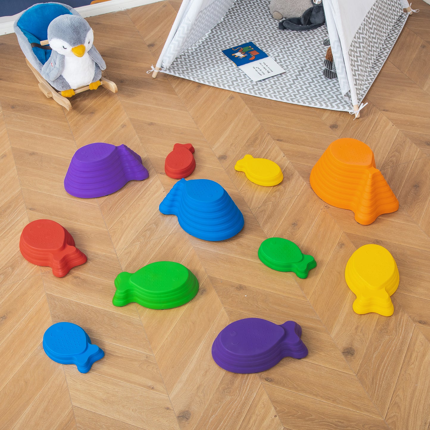 11pcs Kids Balance Stepping Stones, Fish Style - Non-slip, Stackable Obstacle Course for Toddler Balance Kids Crystal