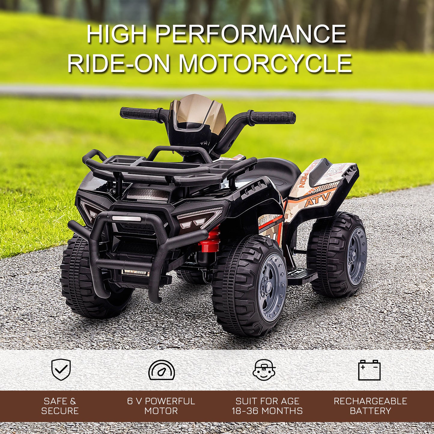 Ride-On ATV: 6V Battery Powered, Four Wheeler, Headlights, 18-36 Months, Black, Toddler Quad Kids Crystal