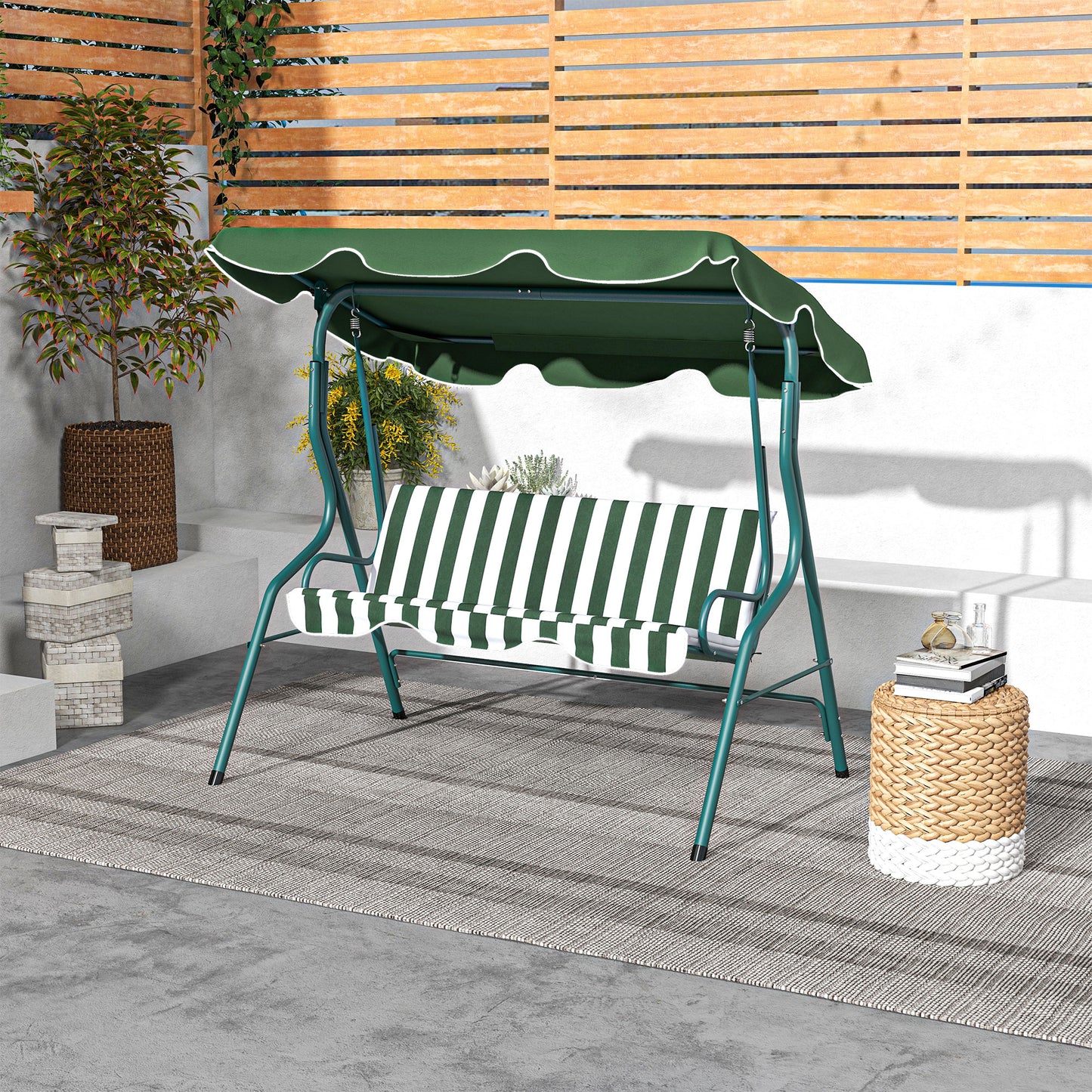 Patio Swing Chair: 3-Seater Outdoor Porch Swing with Adjustable Canopy Cushion Green Kids Crystal
