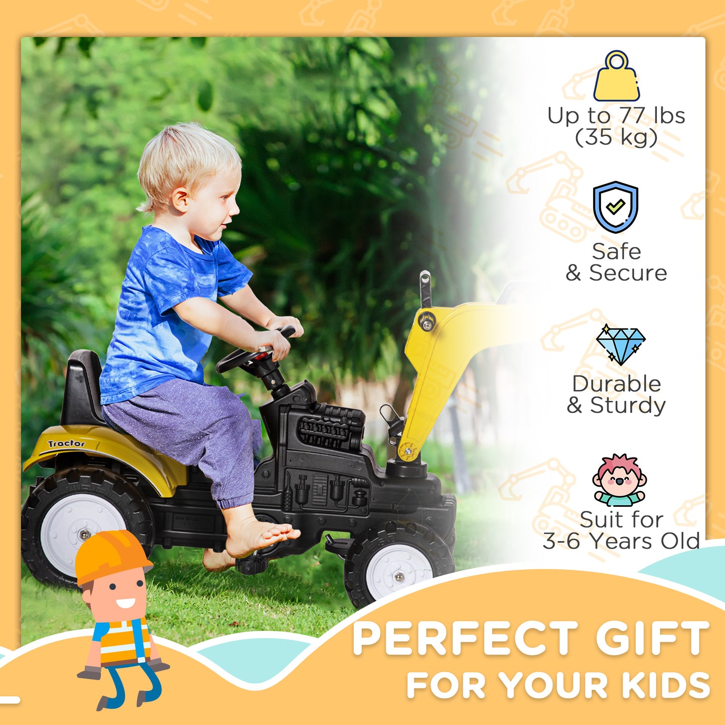 Kids Ride on Excavator, Pedal Excavator Ride on Toy, Pretend Play Ride on Tractor for Kids & Toddlers, Yellow Kids Crystal