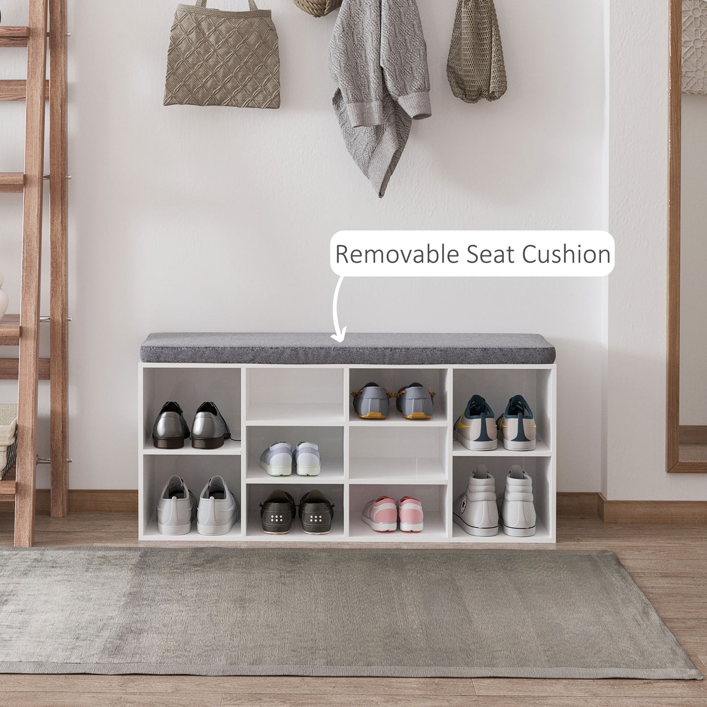 Shoe Bench with Storage, Upholstered Entryway Bench with Adjustable Shelves, Cushion for Living Room, Hallway, White Kids Crystal