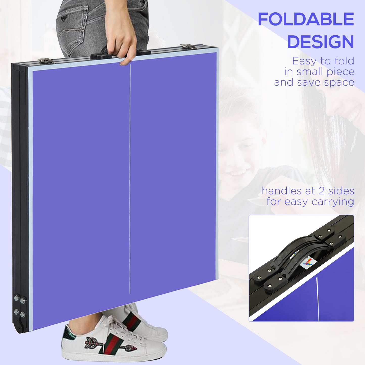 Folding Table Tennis Table, Portable Ping Pong Table with Side Handles, Net, Blue Kids Crystal